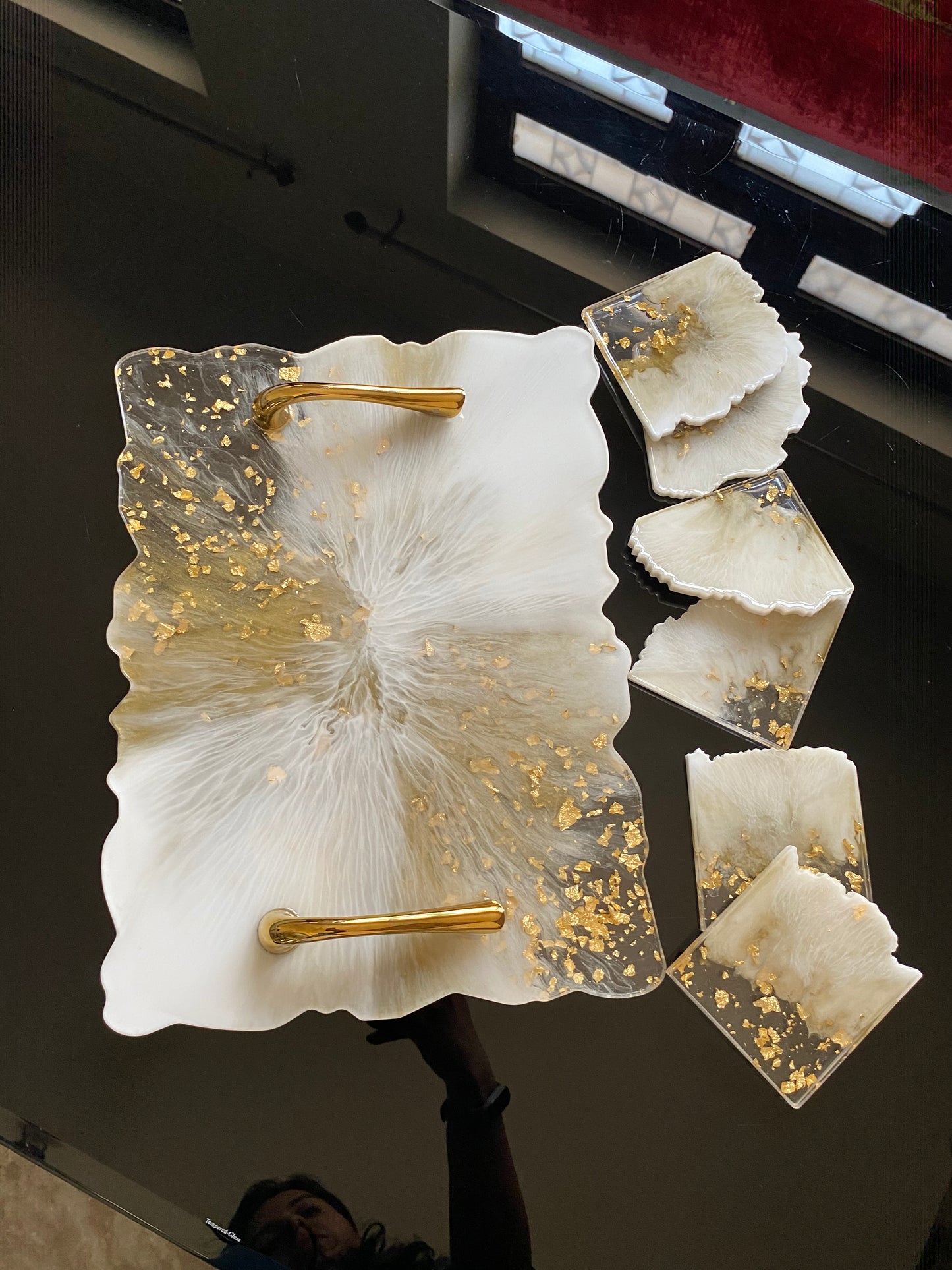 White & Gold Marble Resin Tray & Coaster Set – handmade product view 4