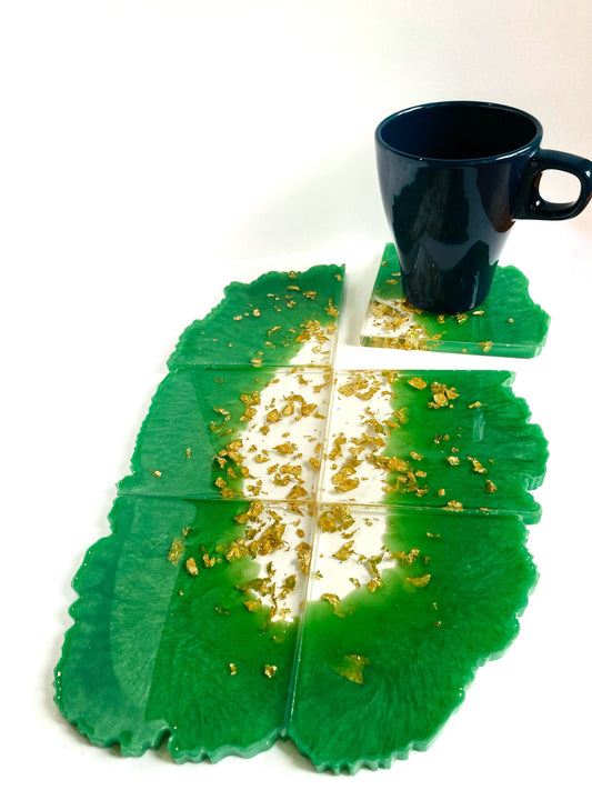 Green & Gold Resin Coasters – handmade product view 2