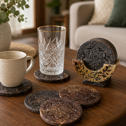 Marble Flower Cut Coasters with Stand – handmade product view 2