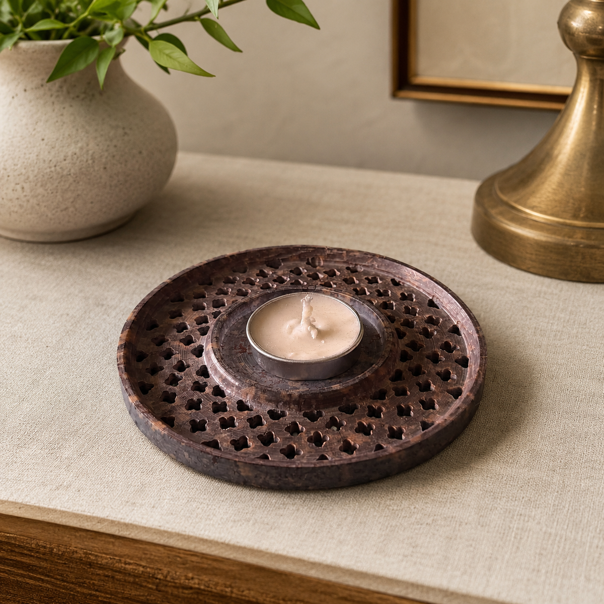 Mandala-Carved Marble Tea Light Holder – handmade product view 5