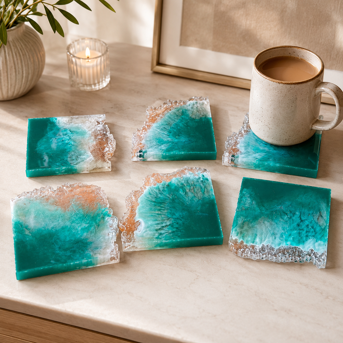Ocean Green Agate Resin Coasters – Set of 6 – handmade product view 1