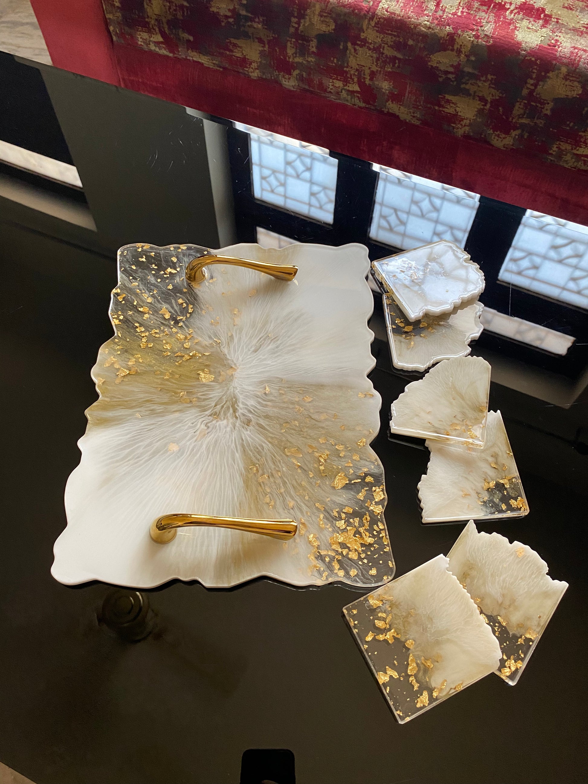 White & Gold Marble Resin Tray & Coaster Set – handmade product view 1