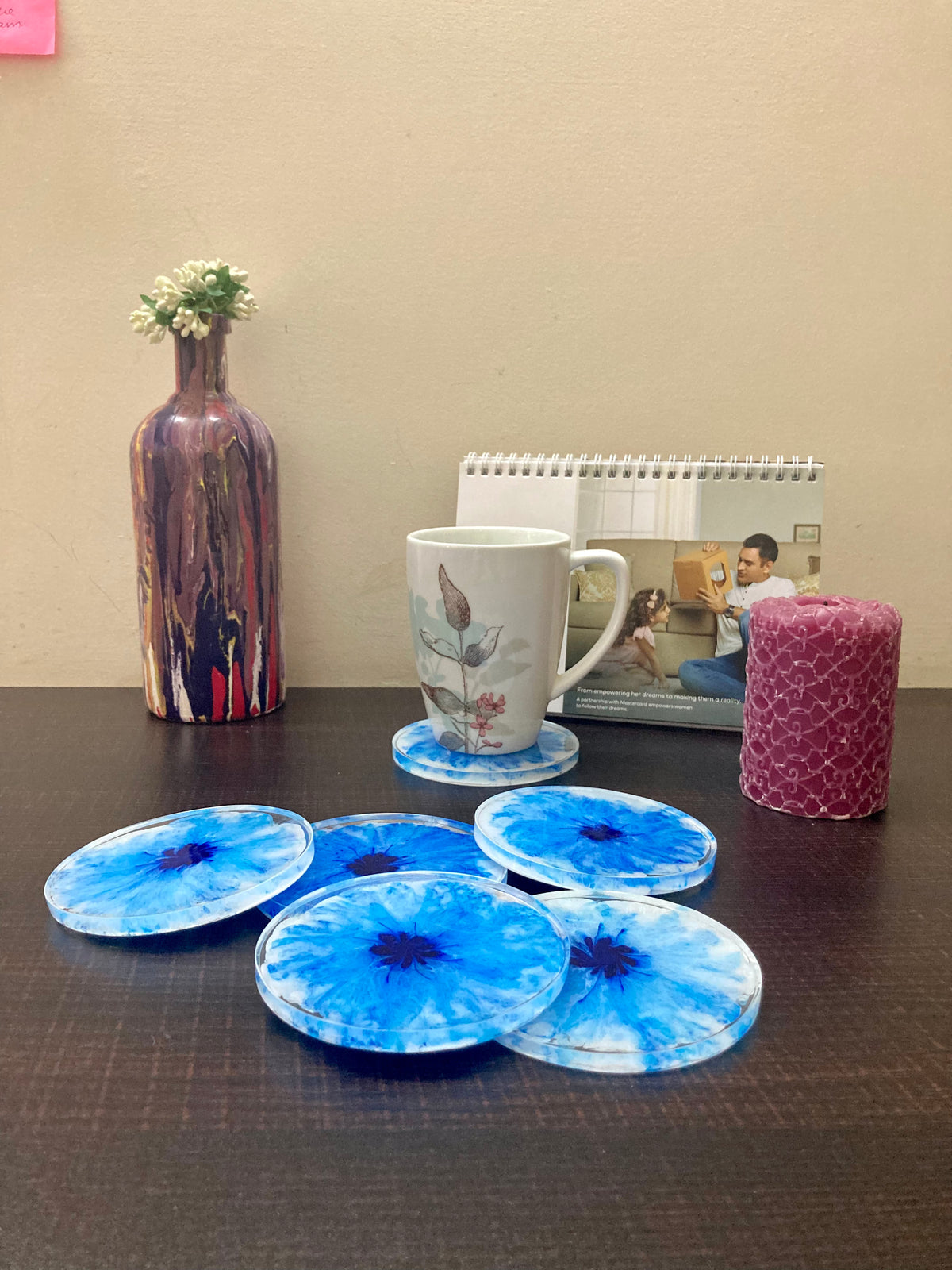 Blue & White Ink Resin Coasters – handmade product view 3