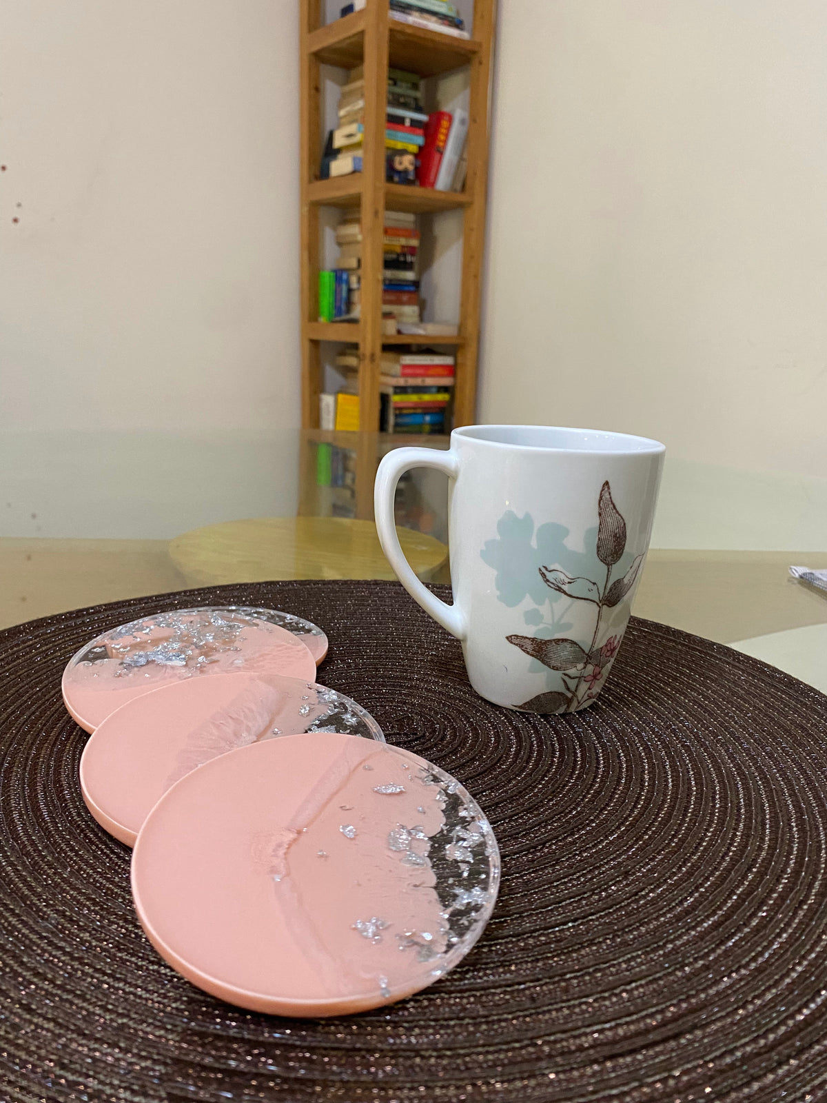 Baby Pink & Silver Resin Coasters – handmade product view 3