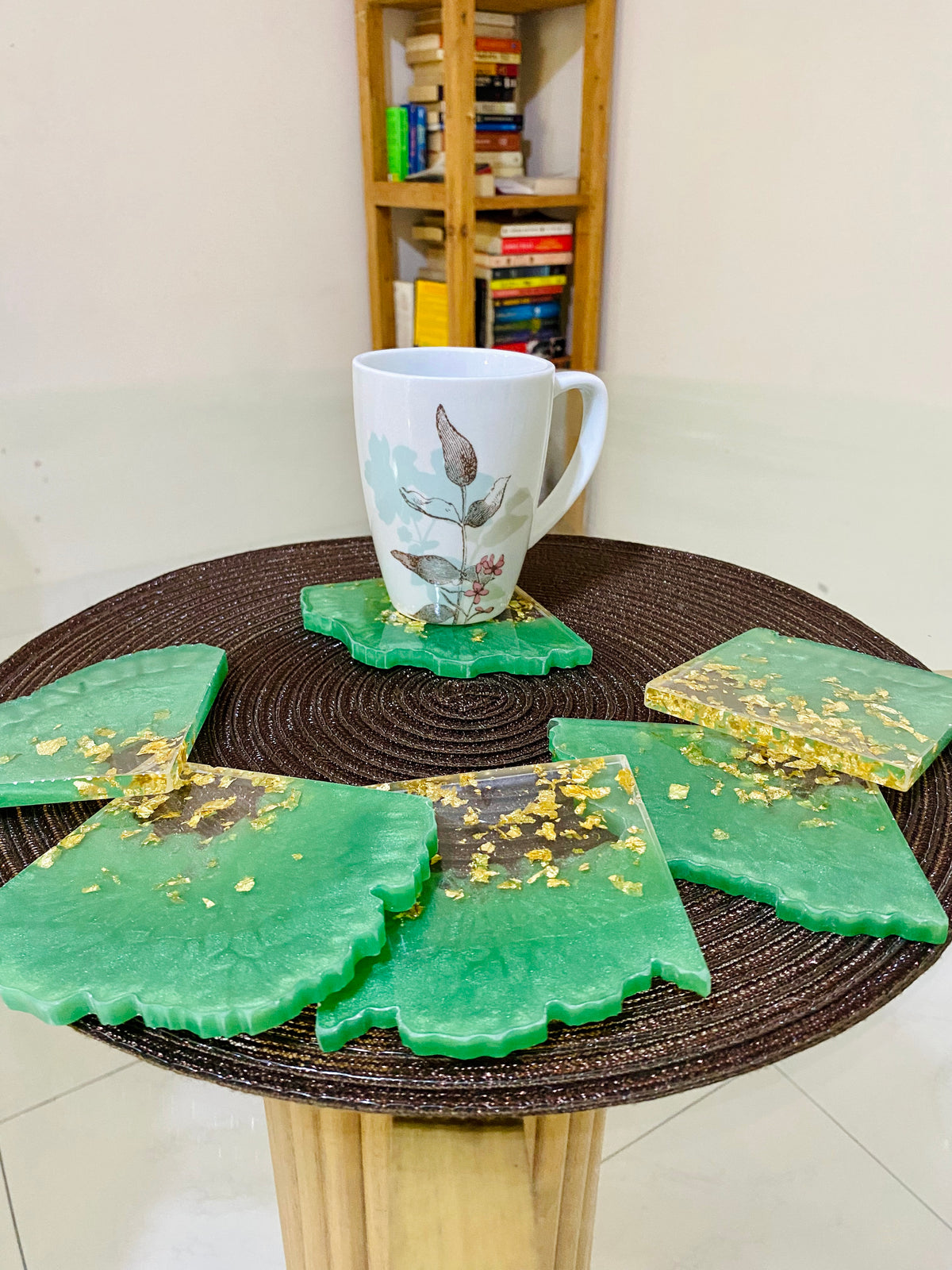 Green & Gold Resin Coasters – handmade product view 4