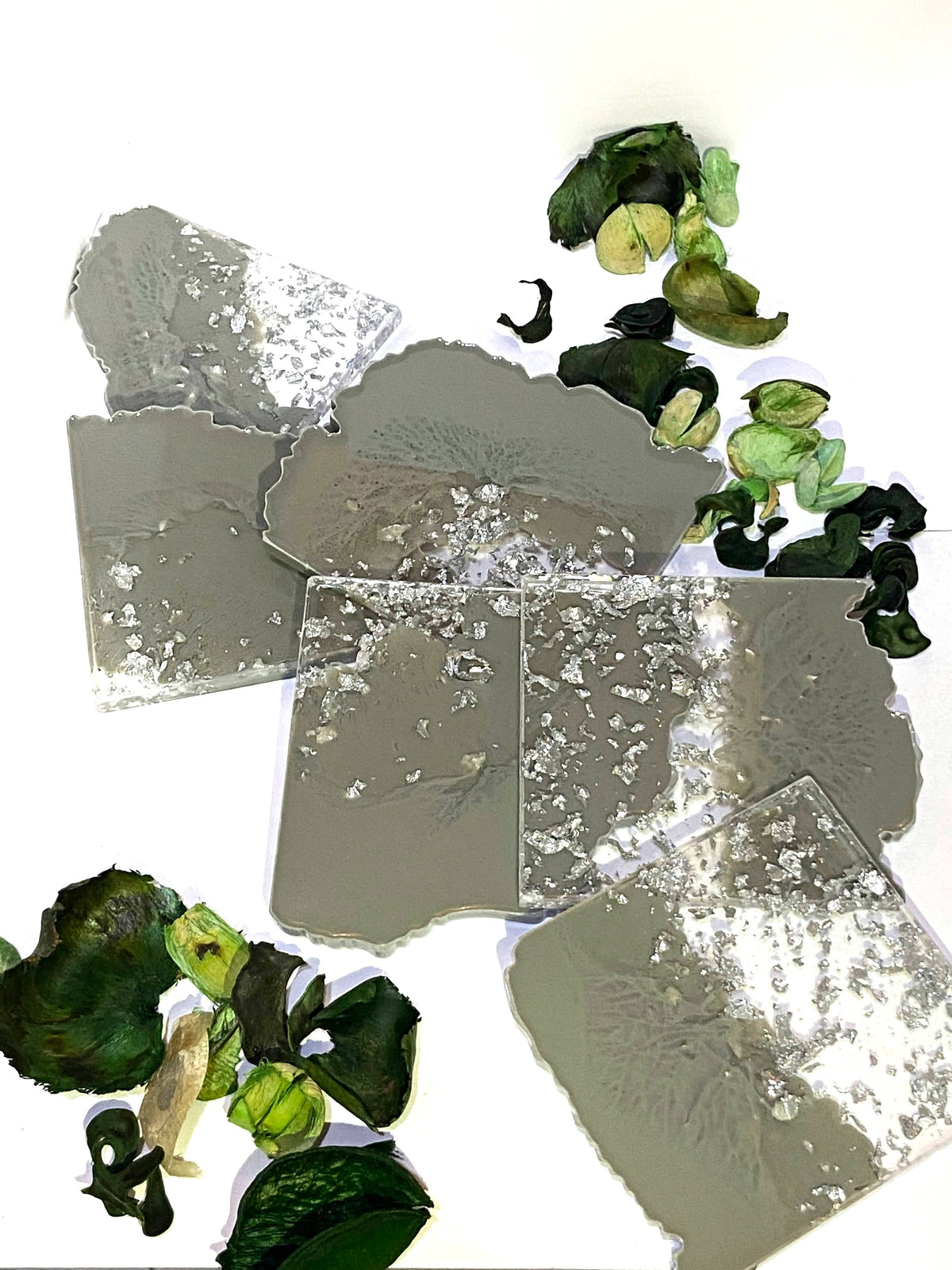 Sage Grey & Silver Resin Coasters – Set of 6 – handmade product view 3
