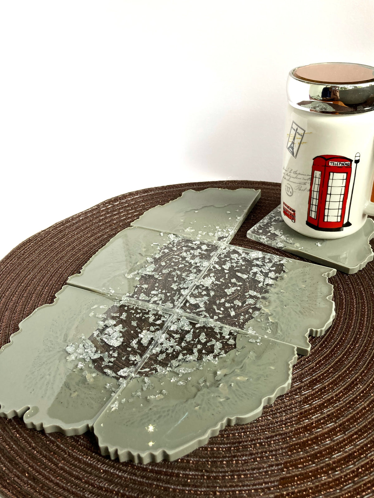 Sage Grey & Silver Resin Coasters – Set of 6 – handmade product view 5