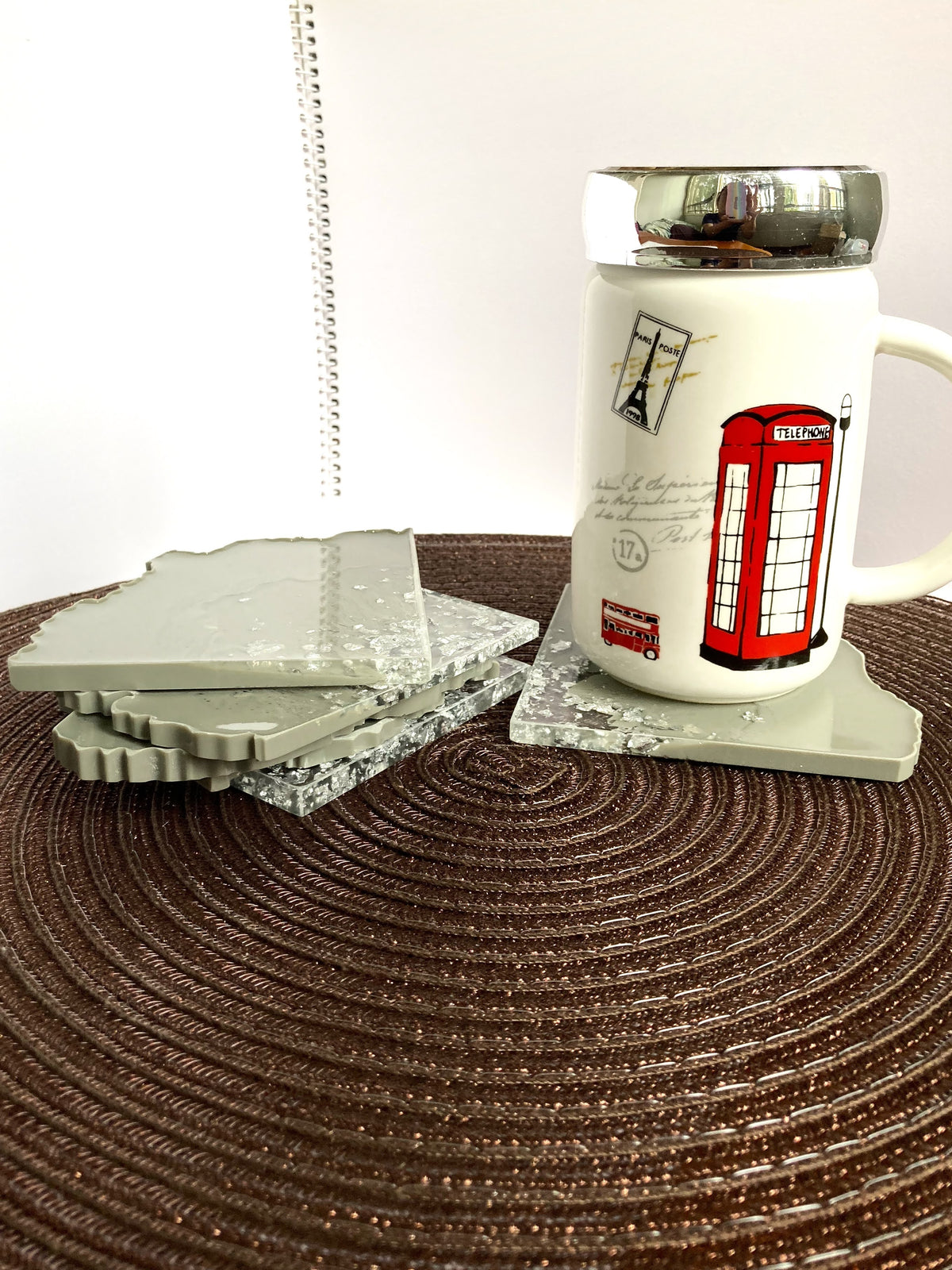 Sage Grey & Silver Resin Coasters – Set of 6 – handmade product view 4