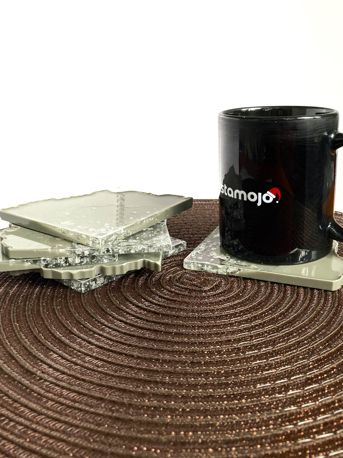 Sage Grey & Silver Resin Coasters – Set of 6 – handmade product view 6
