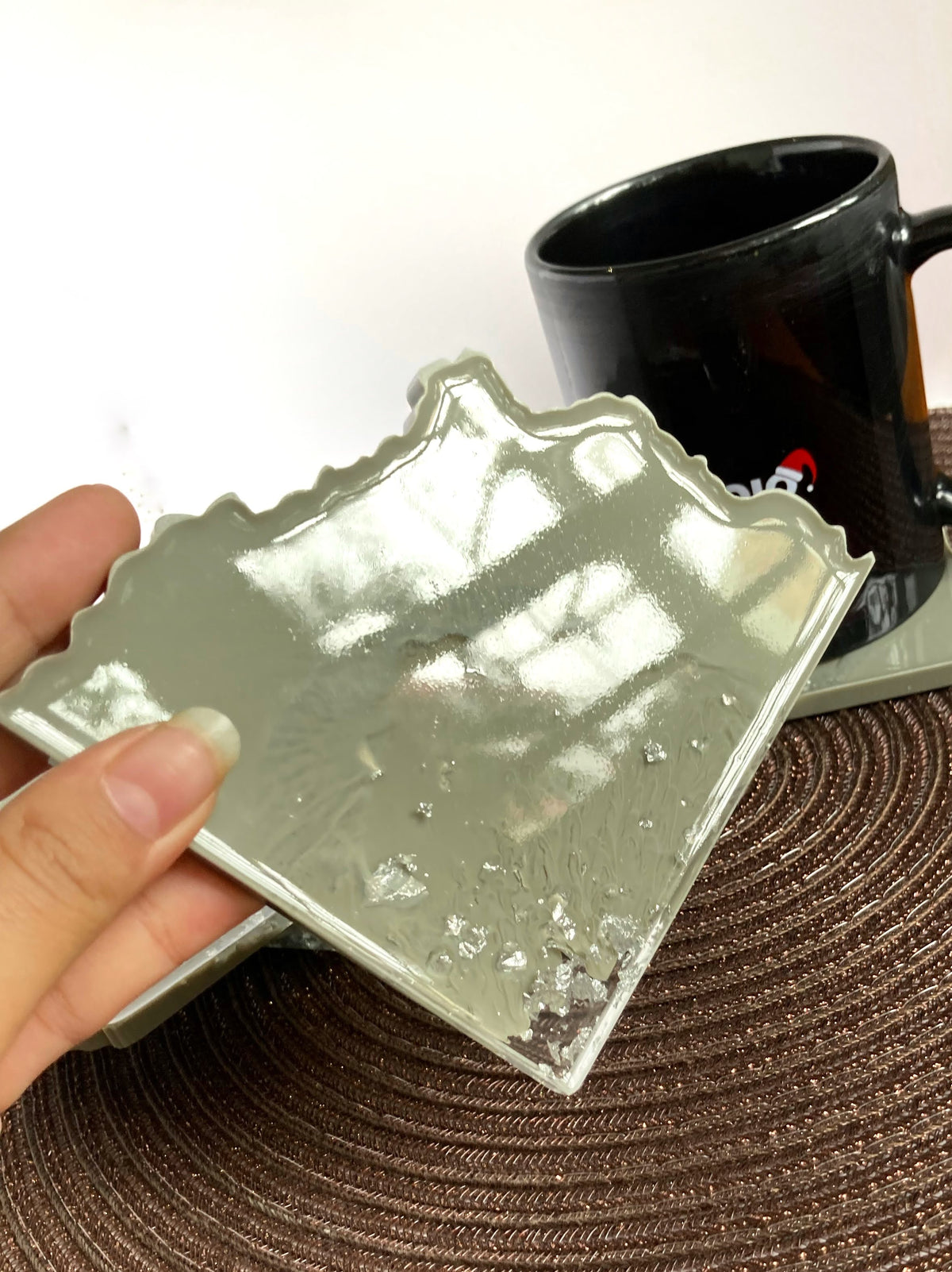 Sage Grey & Silver Resin Coasters – Set of 6 – handmade product view 2