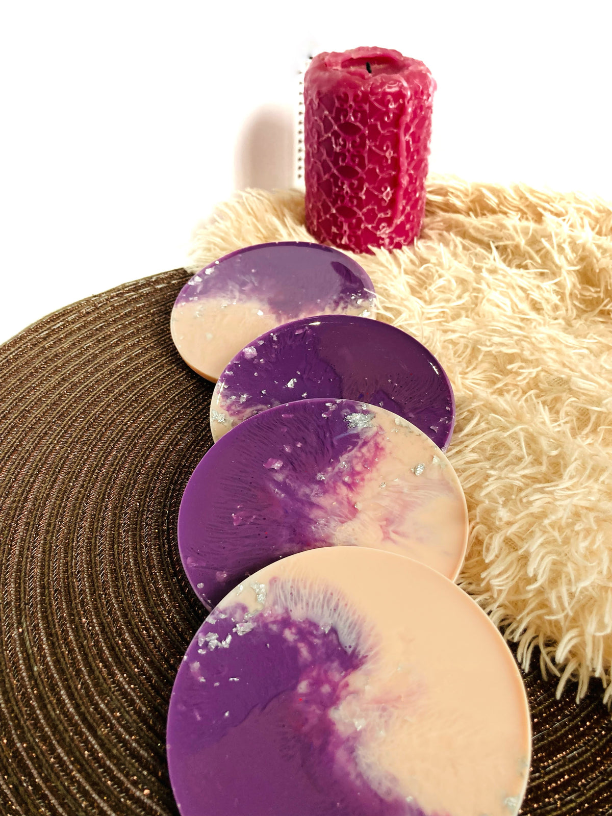 Blush Pink and Purple Round Coasters: Set of 4 – handmade product view 6