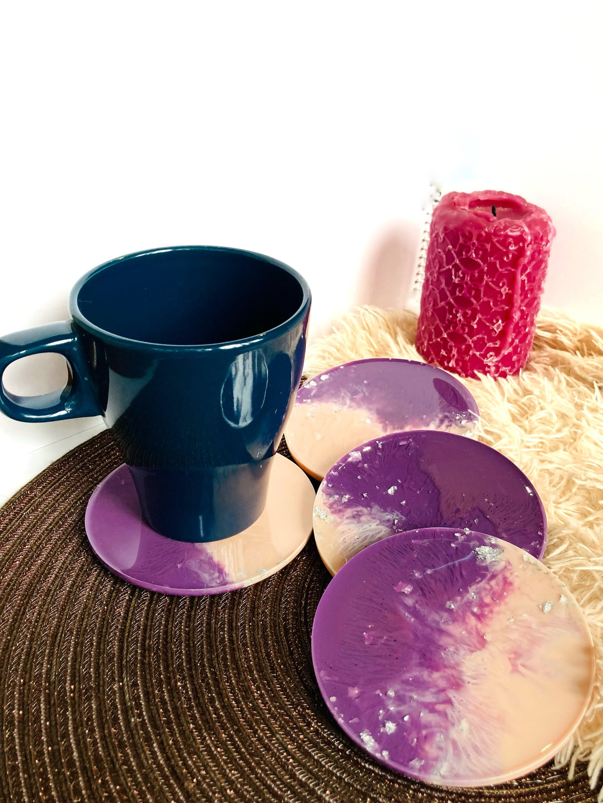 Blush Pink and Purple Round Coasters: Set of 4 – handmade product view 7
