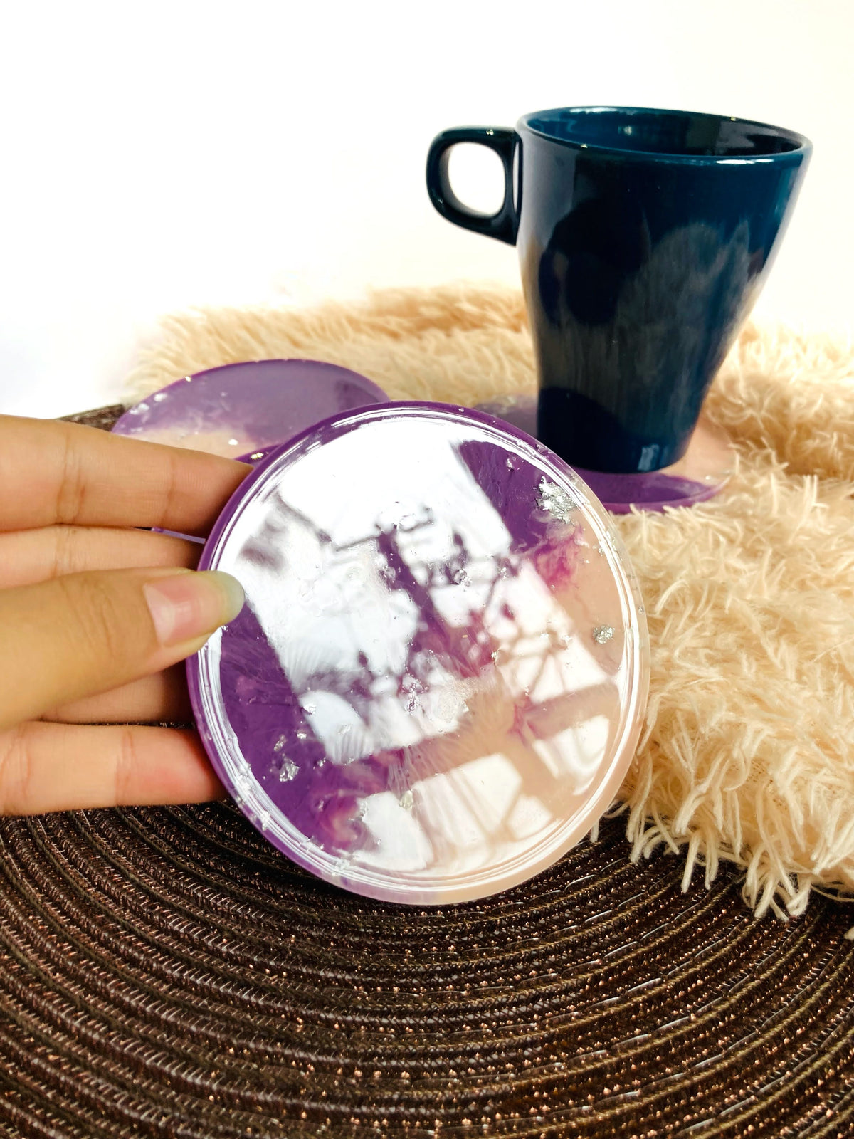 Blush Pink and Purple Round Coasters: Set of 4 – handmade product view 3