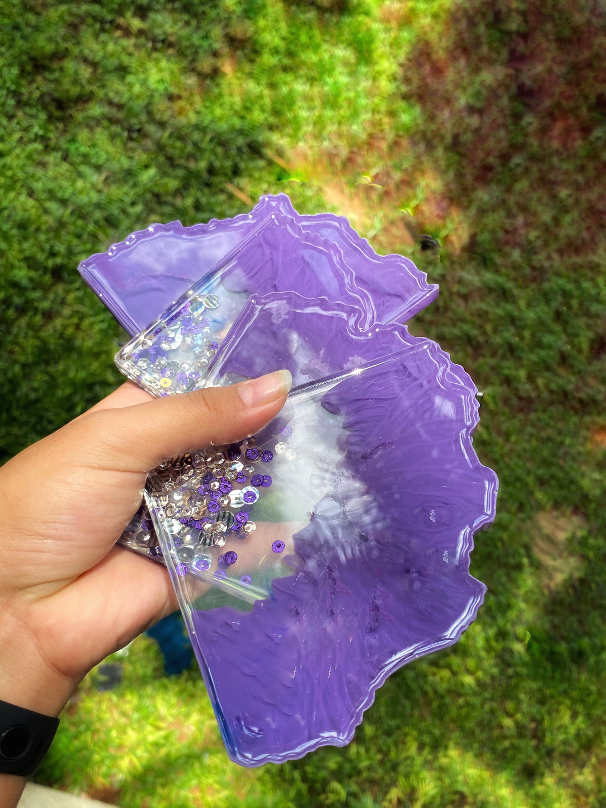 Purple & Multi Sequin Resin Coasters – handmade product view 2