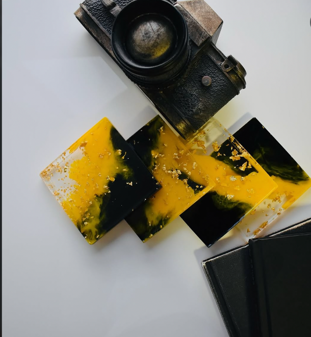 Bumble Bee Yellow & Black Resin Coasters – handmade product view 4
