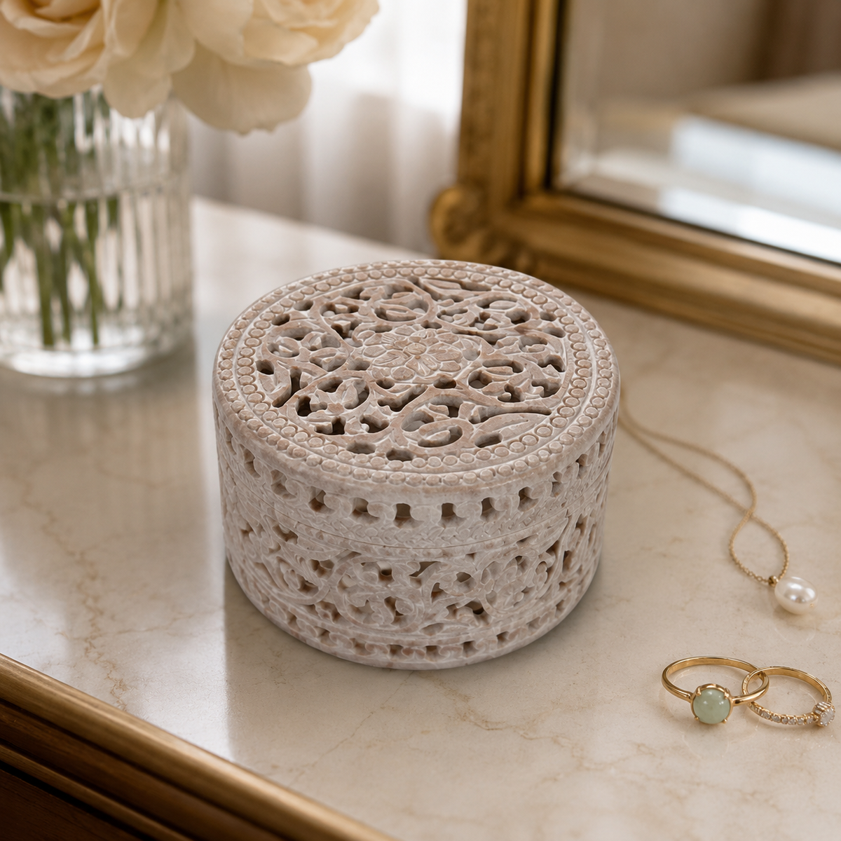Royal Floral Carving Marble Box – handmade product view 5