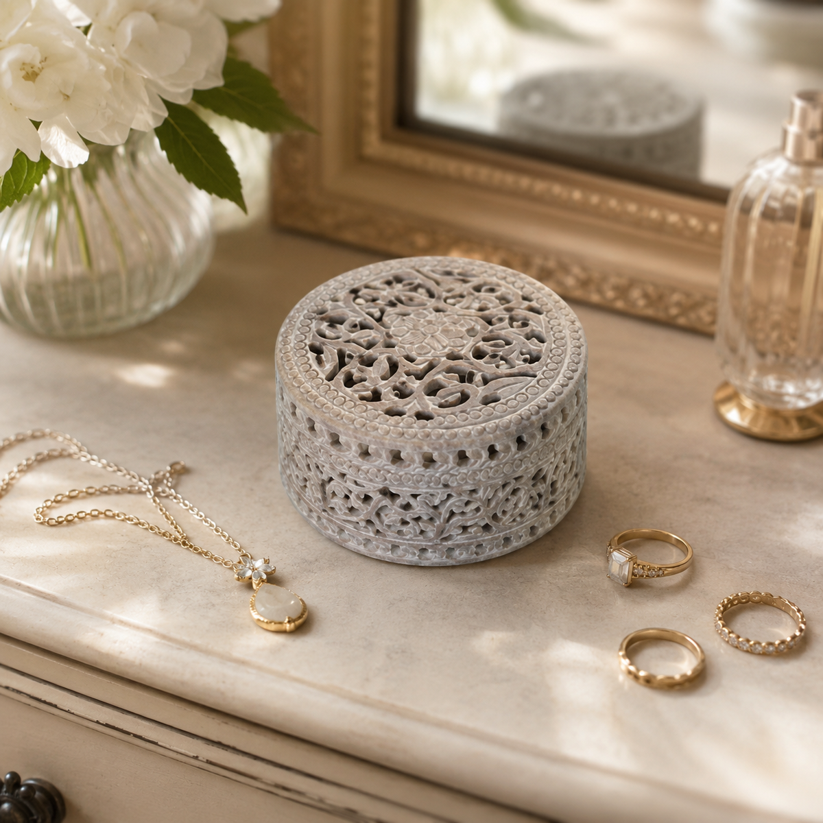 Royal Floral Carving Marble Box – handmade product view 1