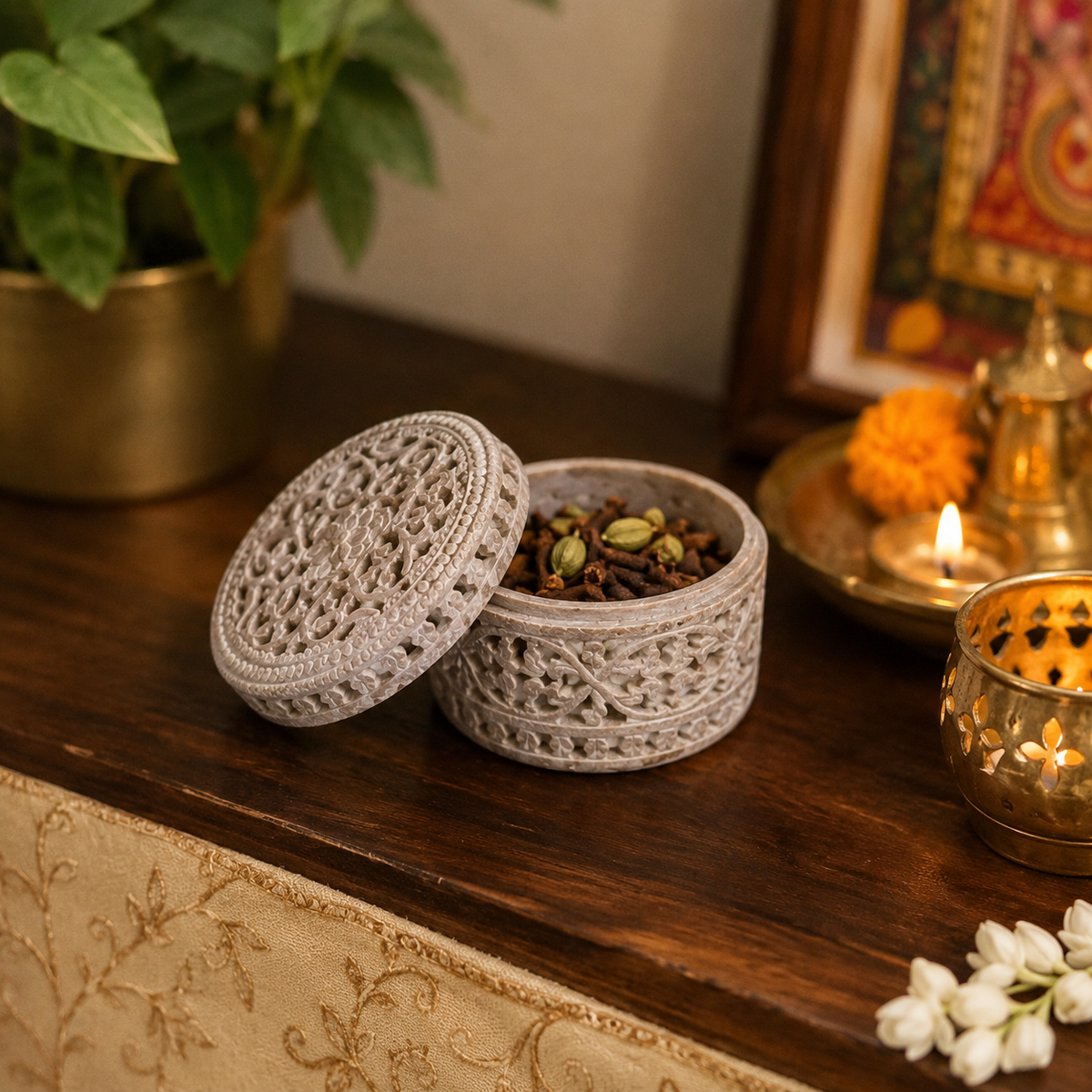 Royal Floral Carving Marble Box – handmade product view 9