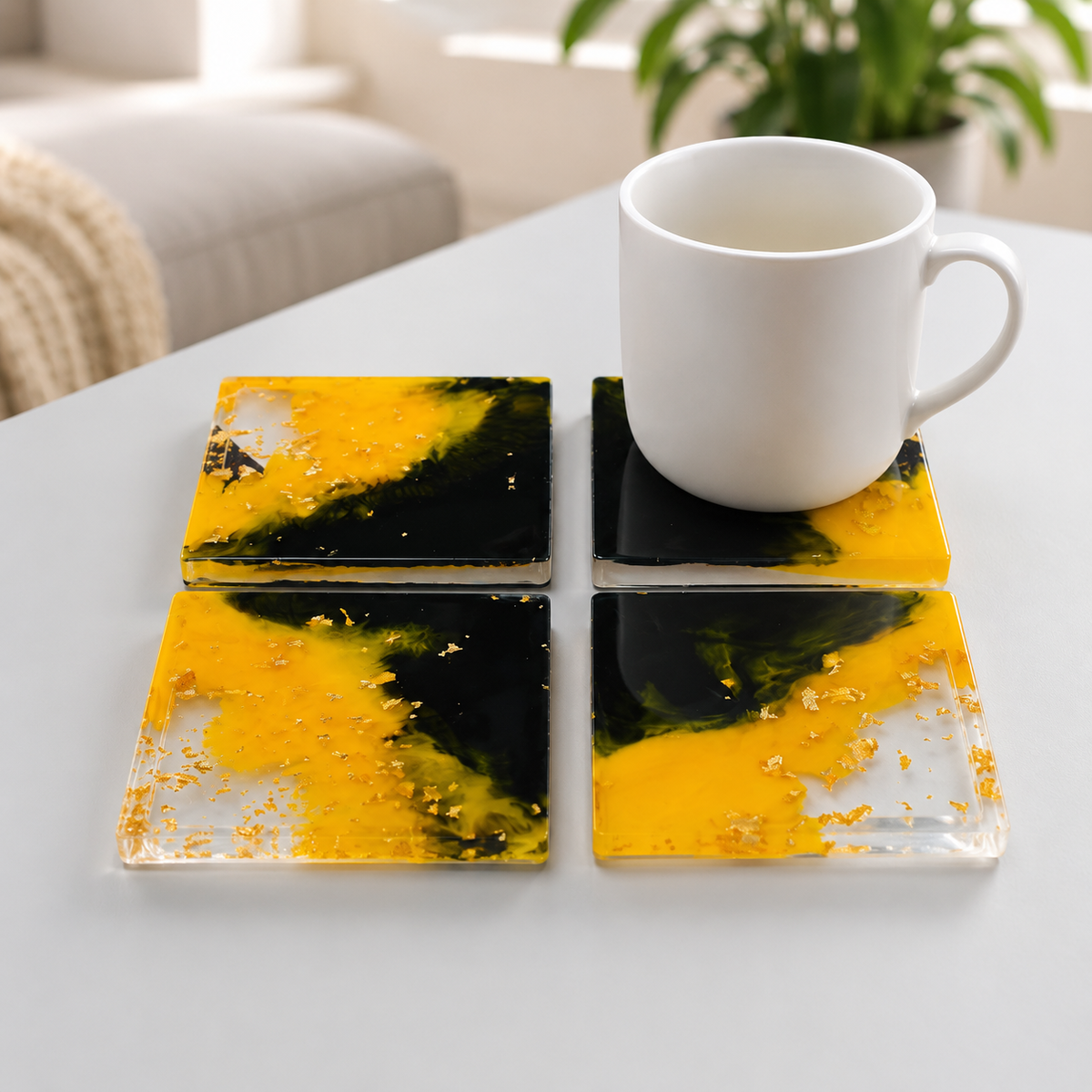 Bumble Bee Yellow & Black Resin Coasters – handmade product view 1