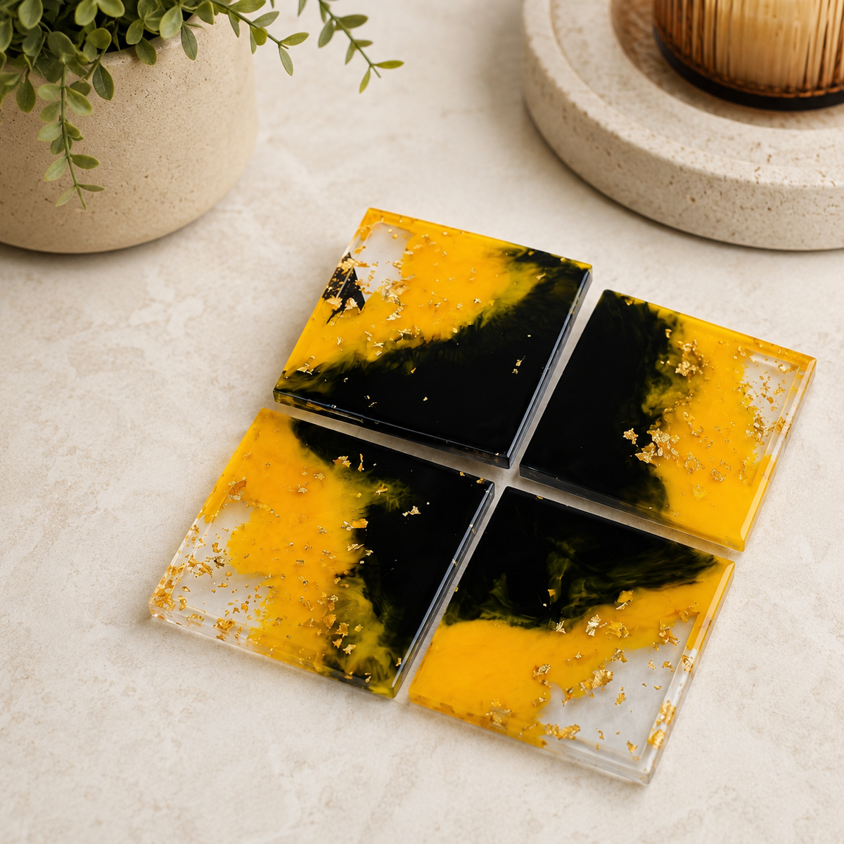 Bumble Bee Yellow & Black Resin Coasters – handmade product view 2