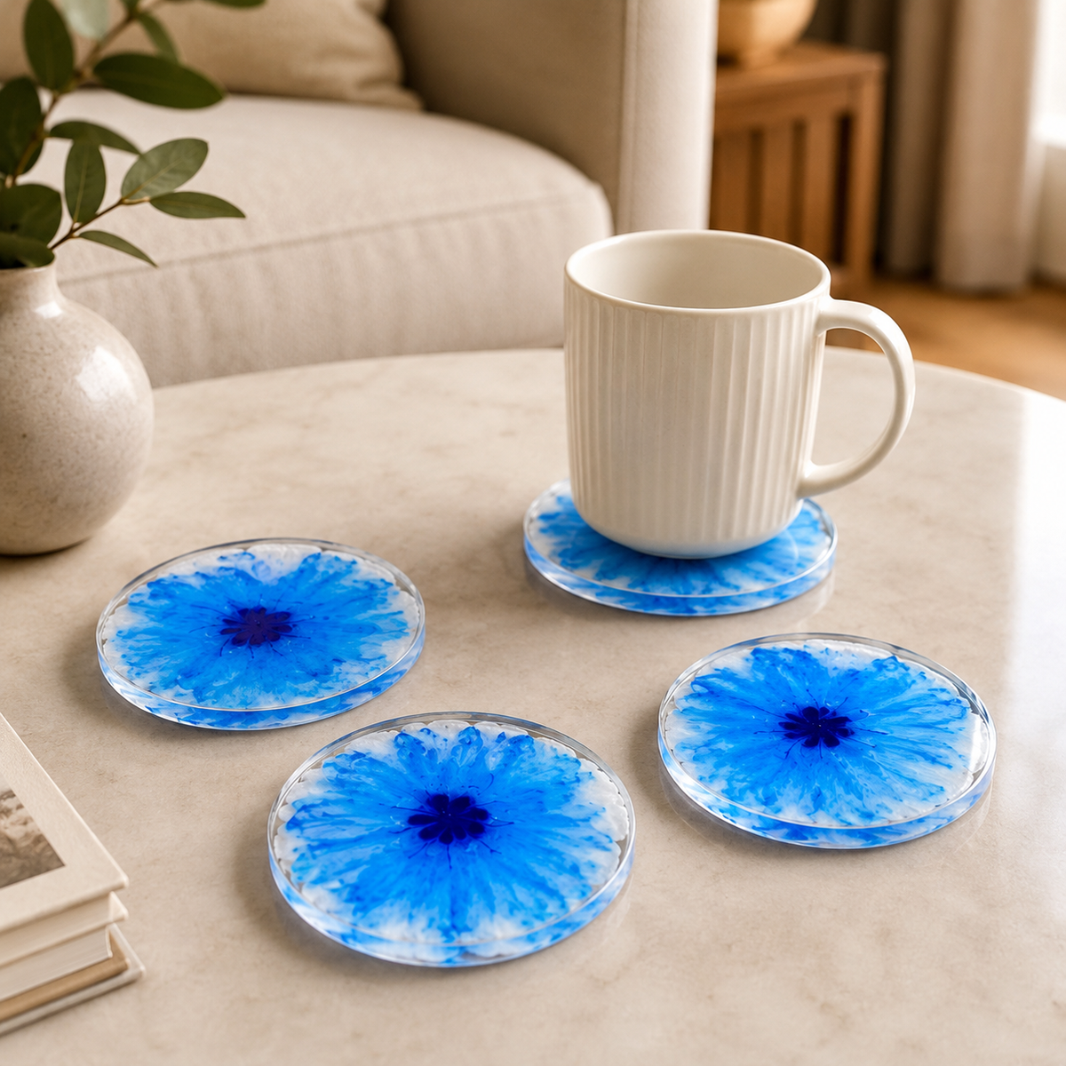 Blue & White Ink Resin Coasters – handmade product view 5