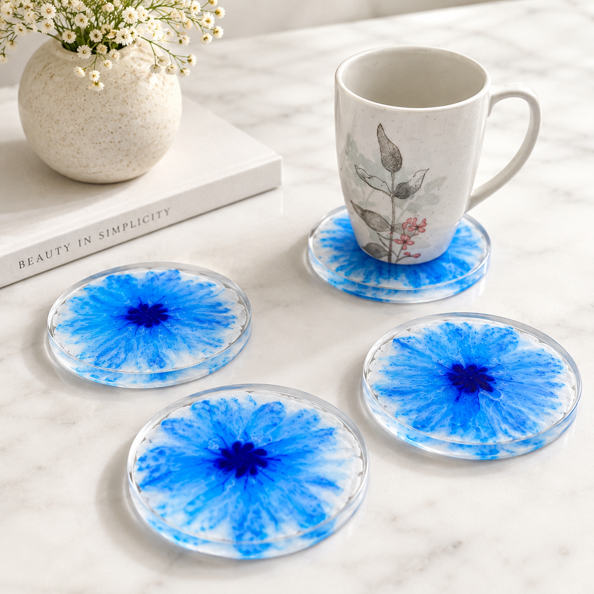 Blue & White Ink Resin Coasters – handmade product view 6