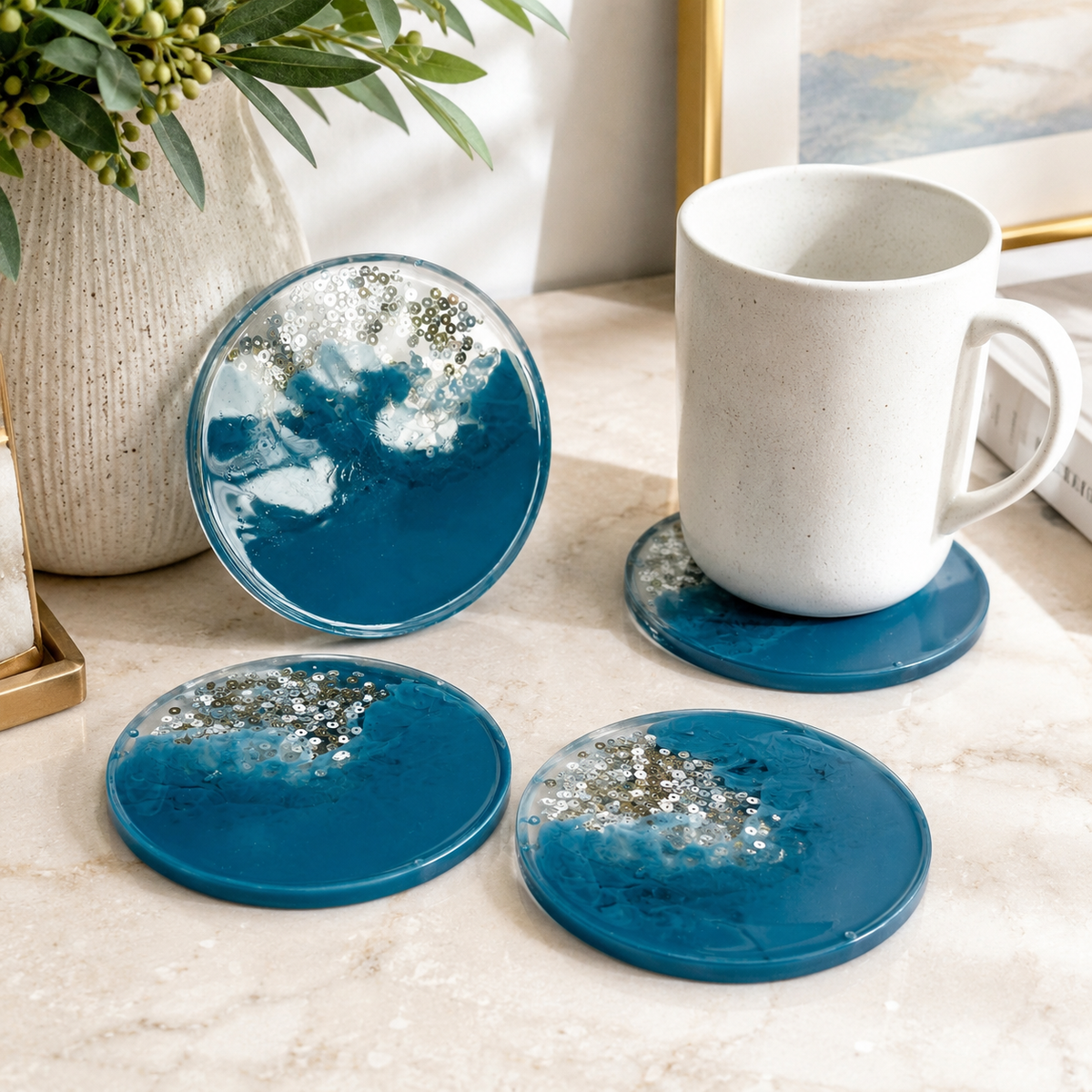 Blue & Silver Resin Coasters – handmade product view 1