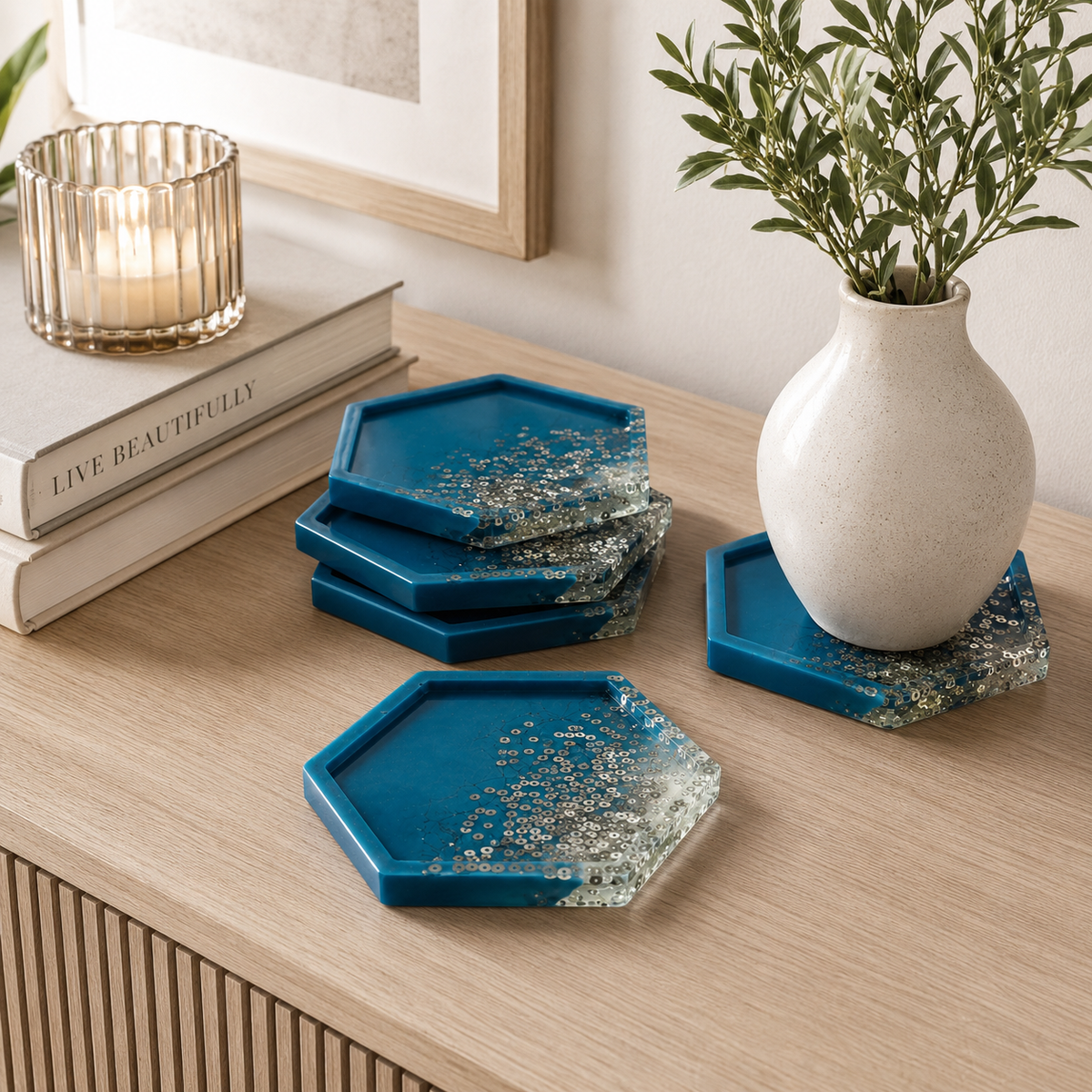 Blue & Silver Resin Coasters – handmade product view 4