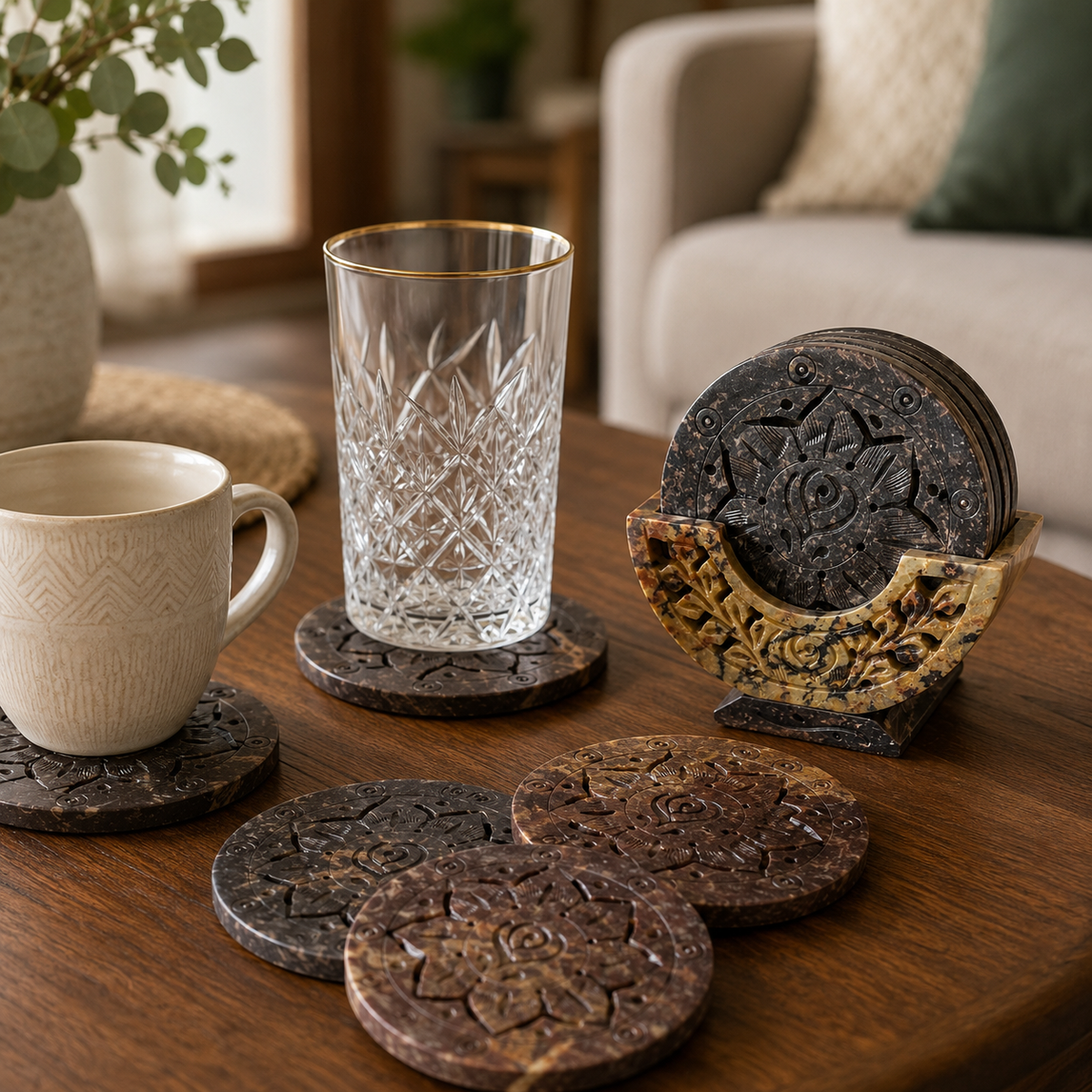 Marble Flower Cut Coasters with Stand – handmade product view 2