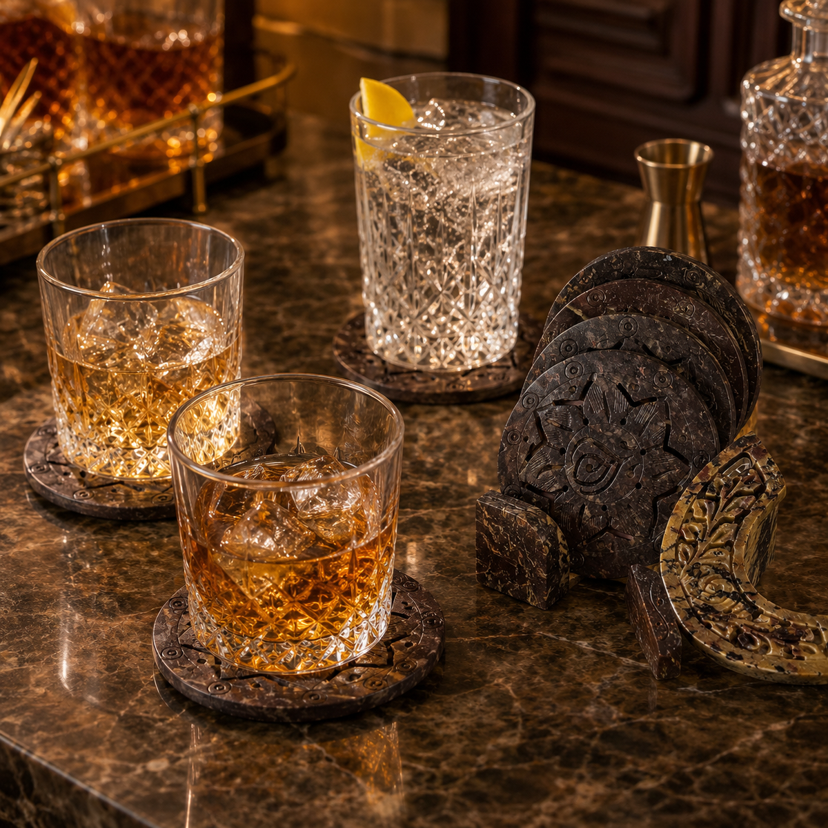 Marble Flower Cut Coasters with Stand – handmade product view 3