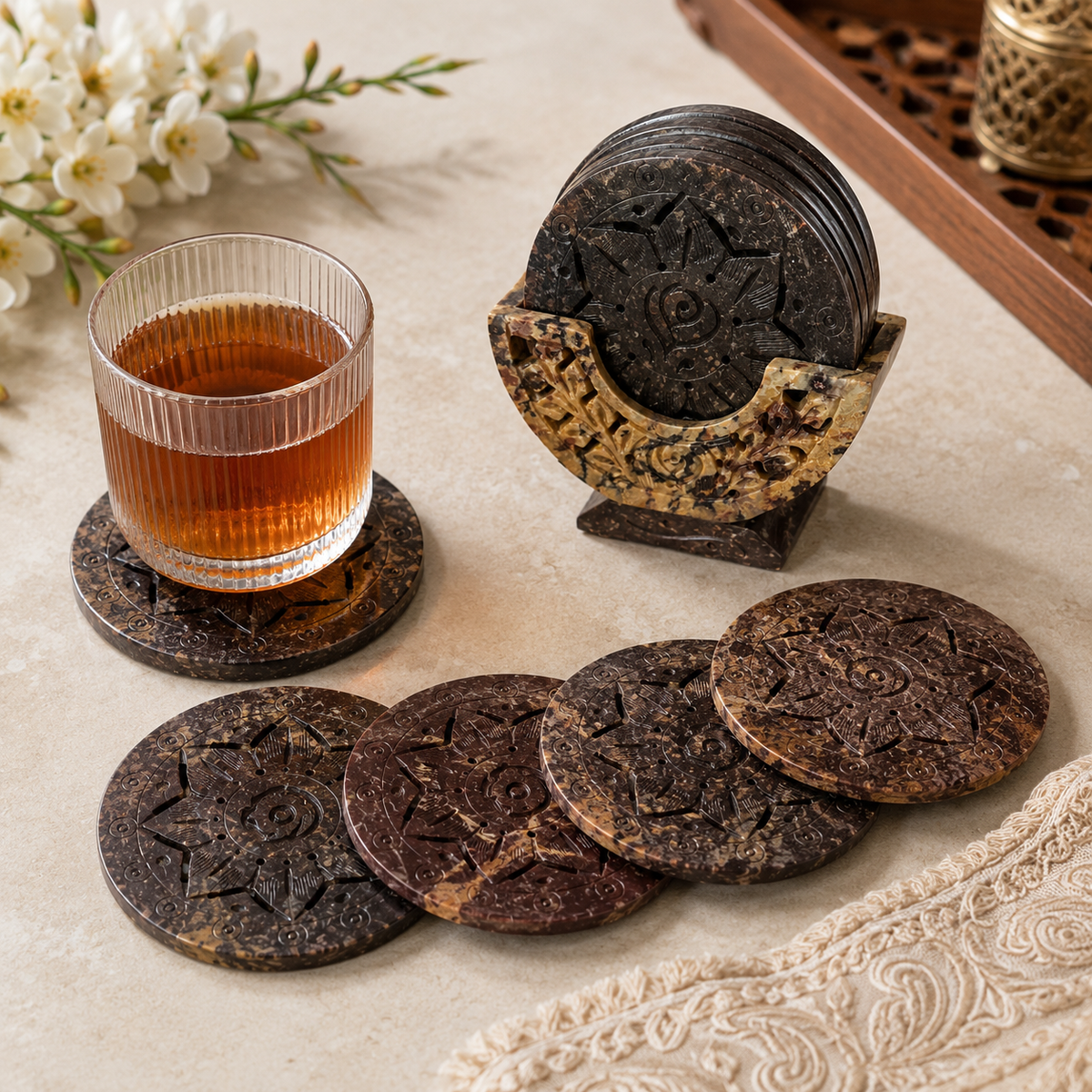 Marble Flower Cut Coasters with Stand – handmade product view 1
