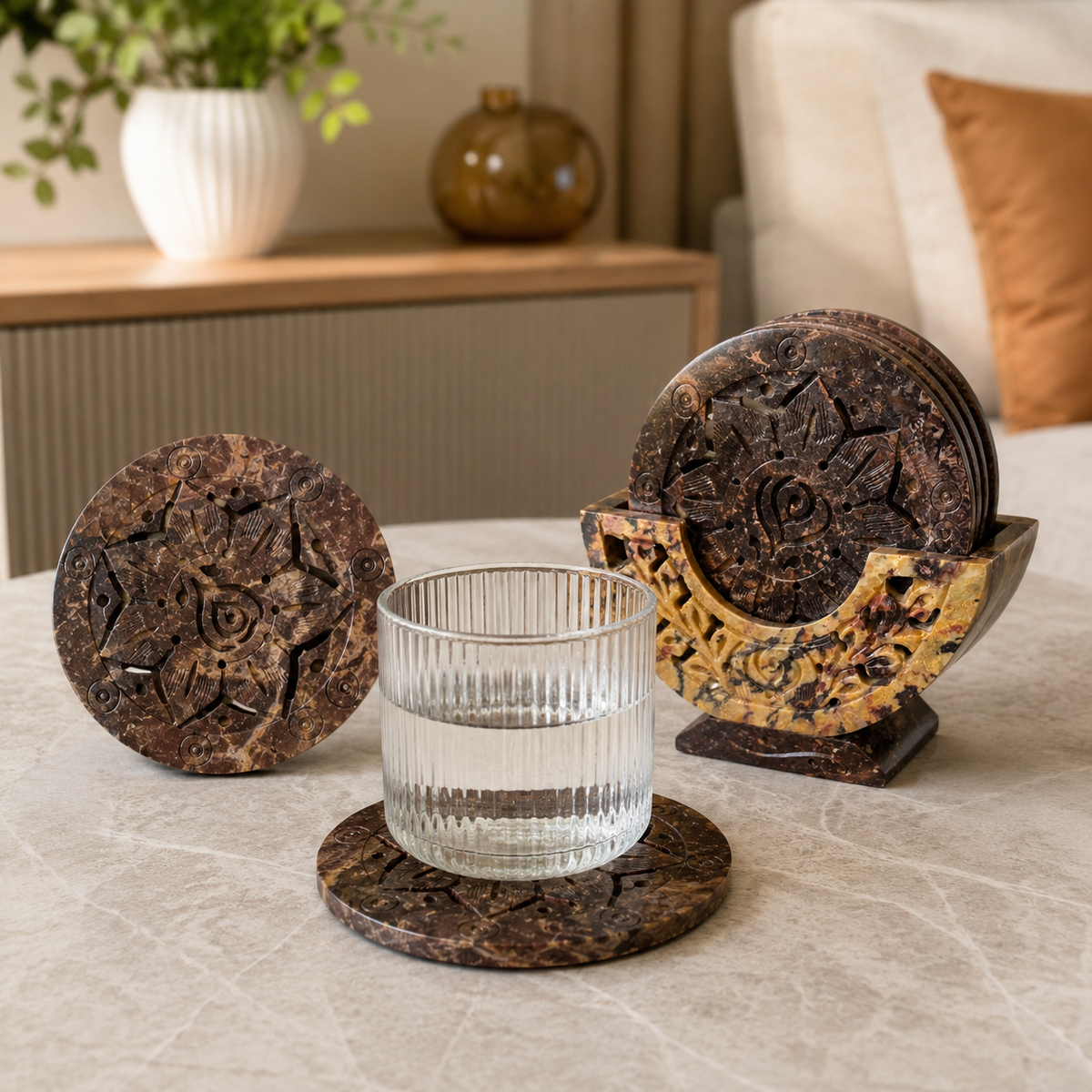 Marble Flower Cut Coasters with Stand – handmade product view 4