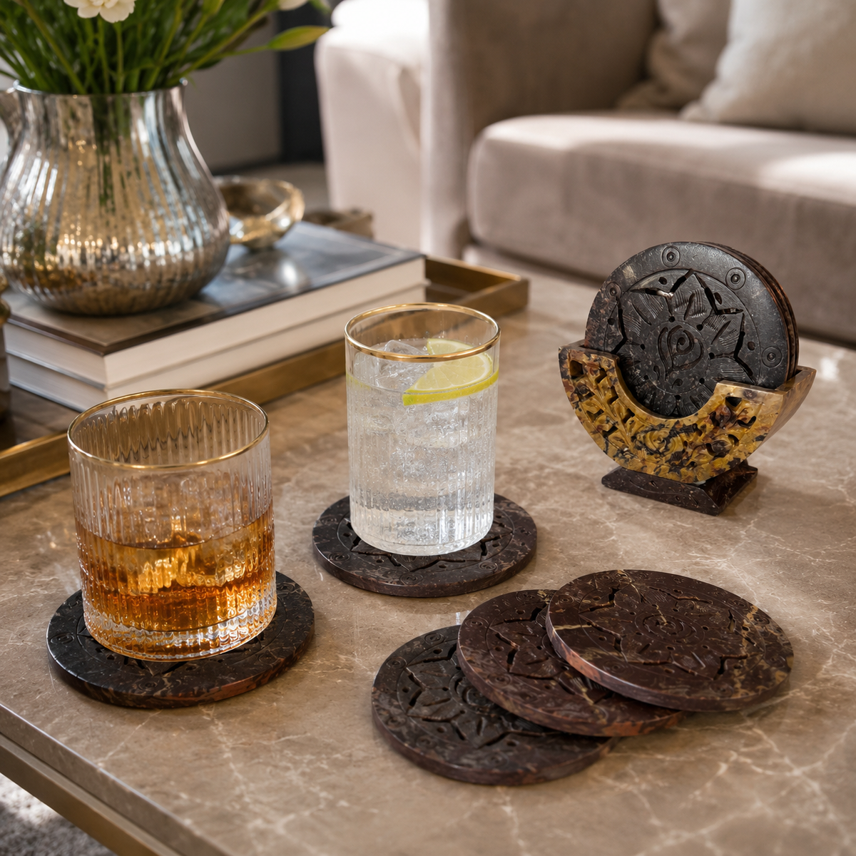 Marble Flower Cut Coasters with Stand – handmade product view 5