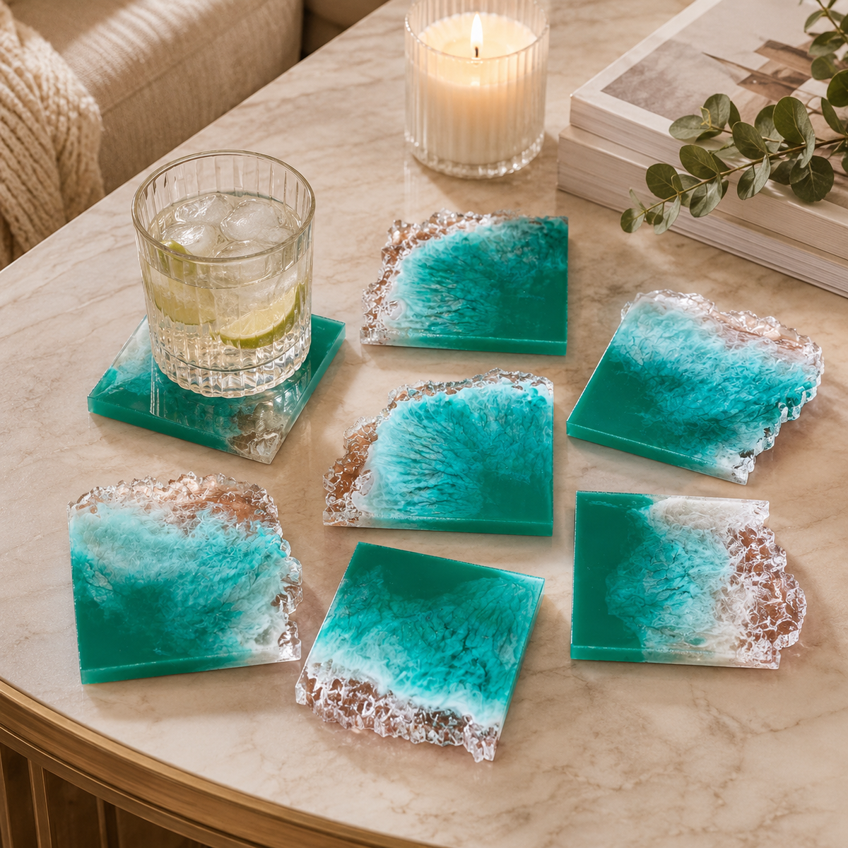 Ocean Green Agate Resin Coasters – Set of 6 – handmade product view 2