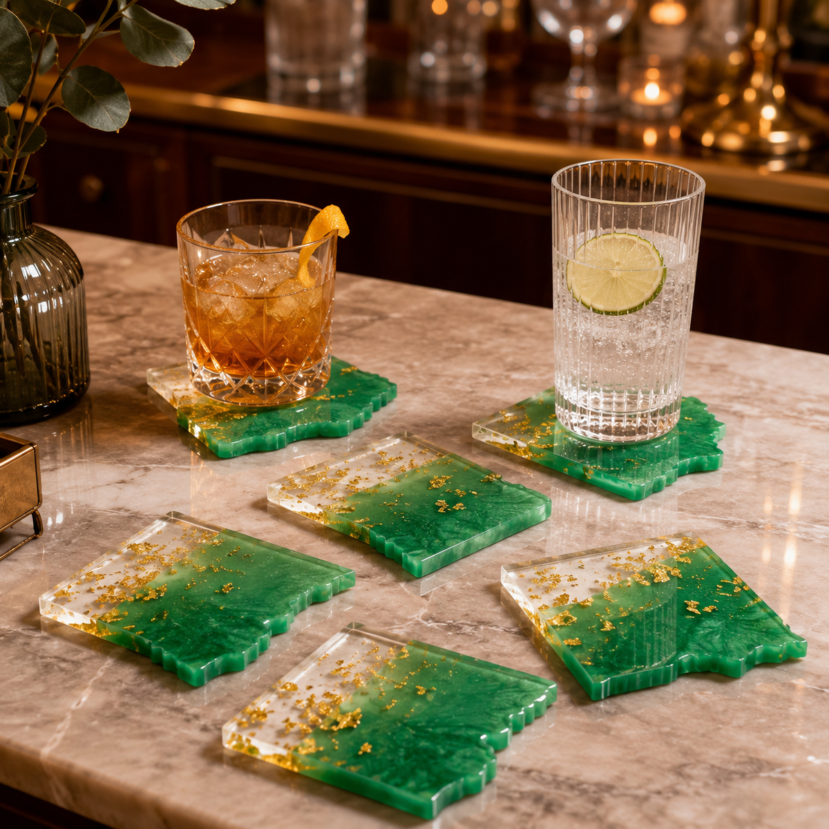Green & Gold Resin Coasters – handmade product view 3
