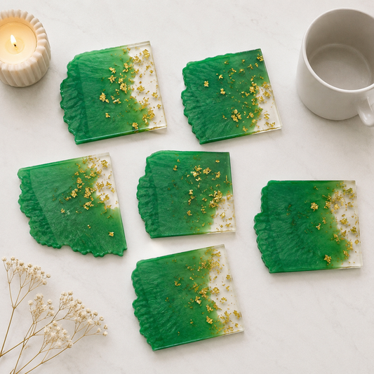 Green & Gold Resin Coasters – handmade product view 1
