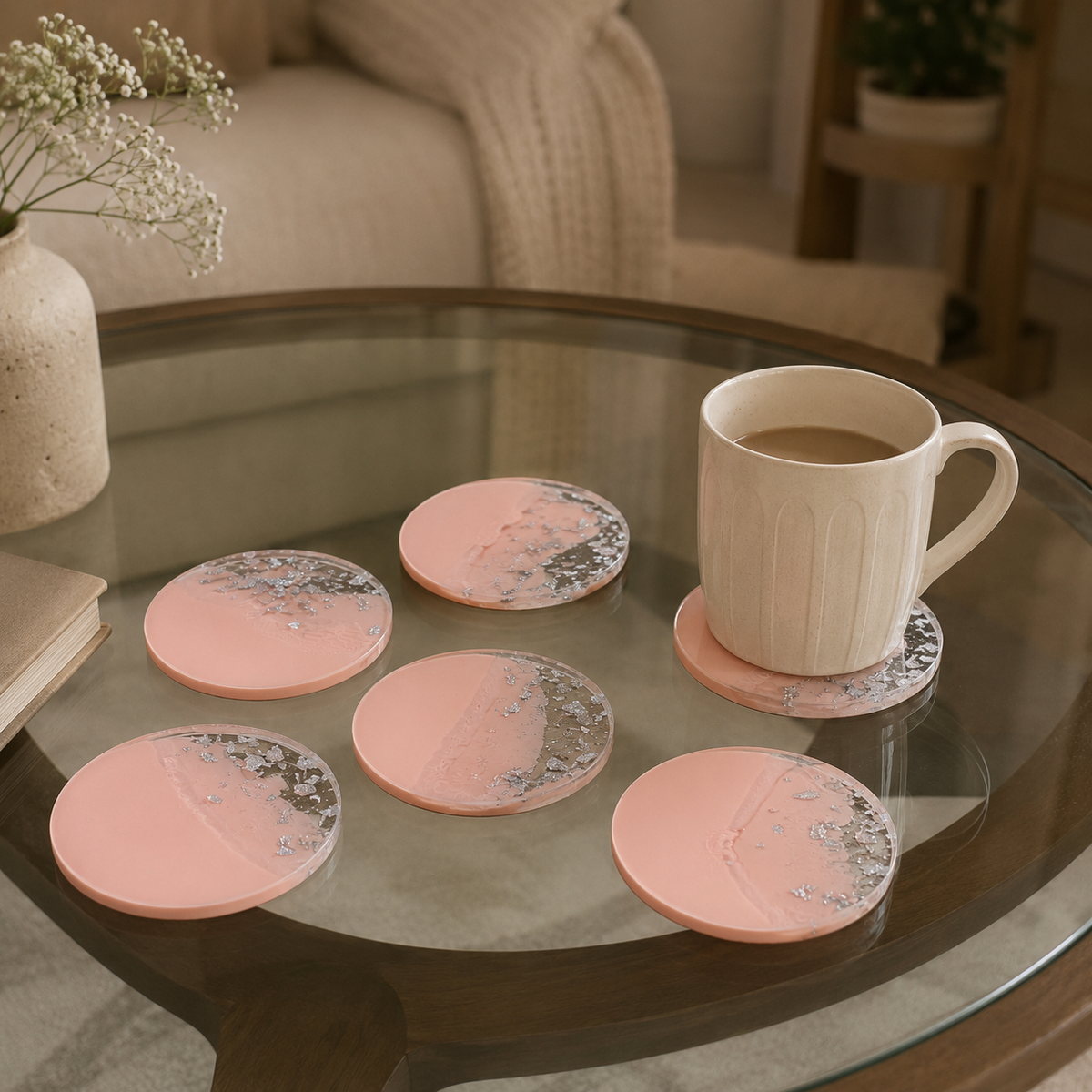 Baby Pink & Silver Resin Coasters – handmade product view 4