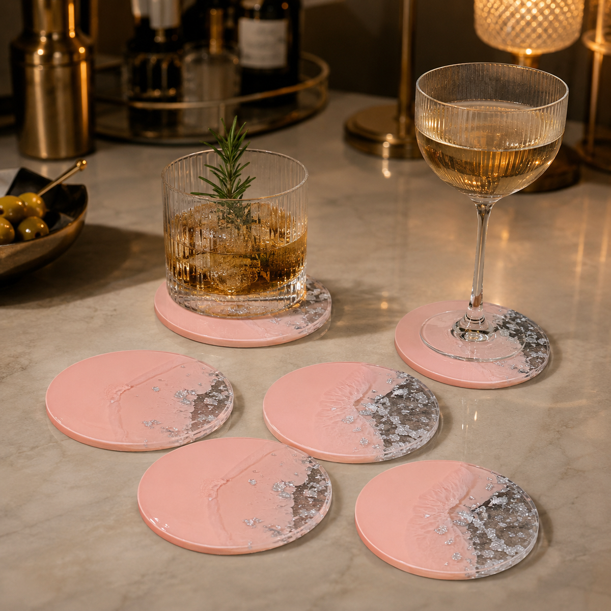 Baby Pink & Silver Resin Coasters – handmade product view 5
