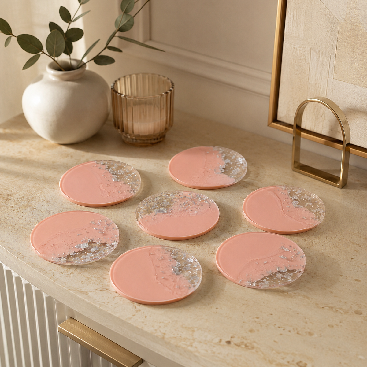 Baby Pink & Silver Resin Coasters – handmade product view 2