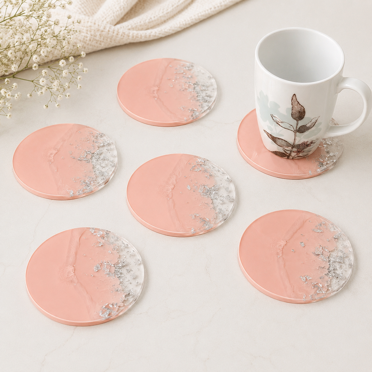 Baby Pink & Silver Resin Coasters – handmade product view 1