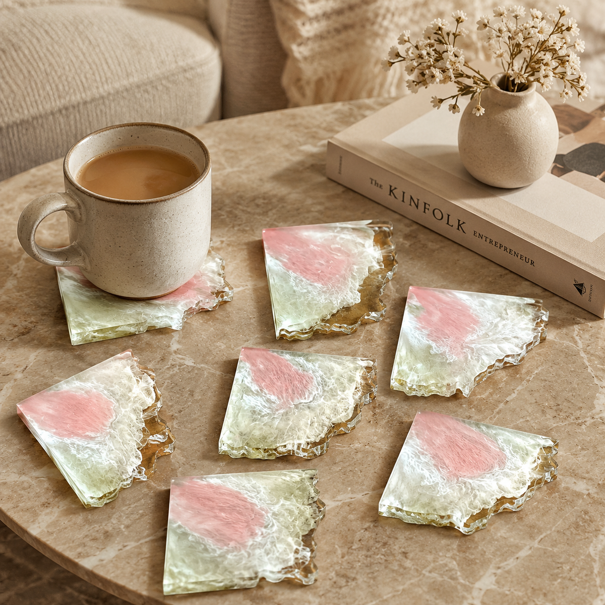 Pink & White Marble Resin Coasters – handmade product view 3