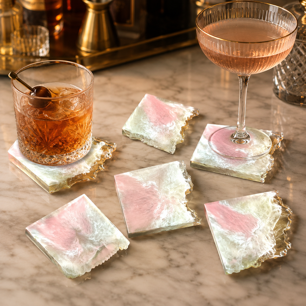 Pink & White Marble Resin Coasters – handmade product view 4