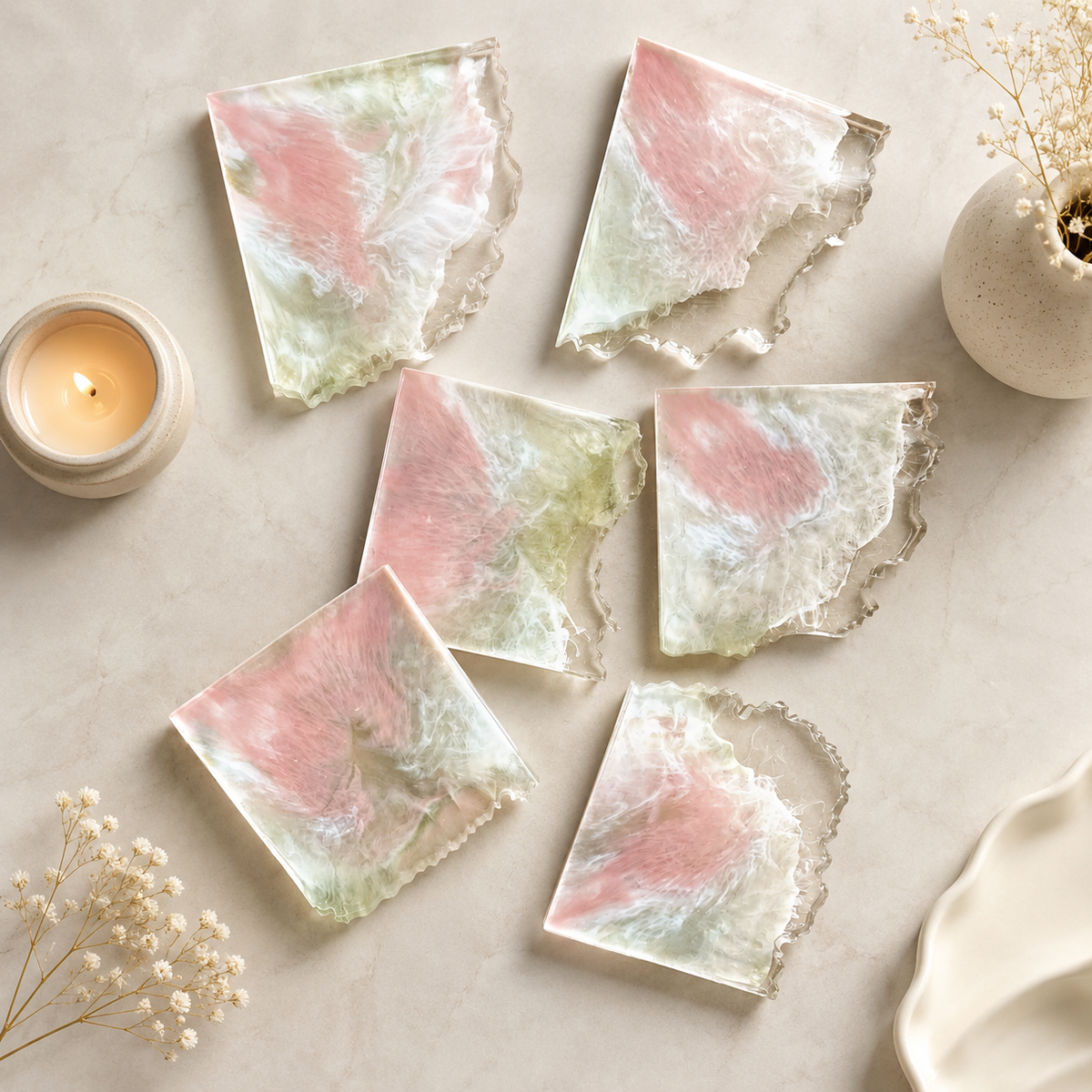Pink & White Marble Resin Coasters – handmade product view 5