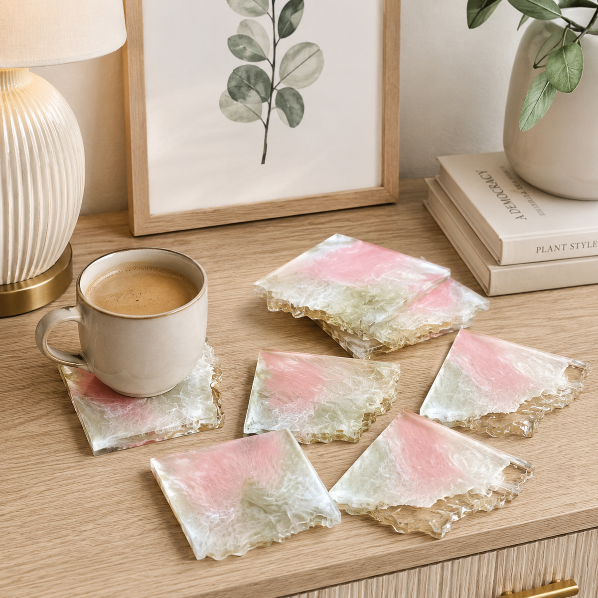 Pink & White Marble Resin Coasters – handmade product view 1