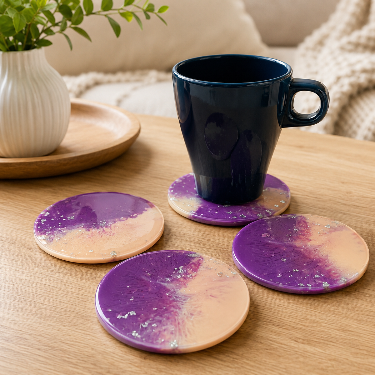 Purple Peach Silver Flake Resin Coasters – handmade product view 1