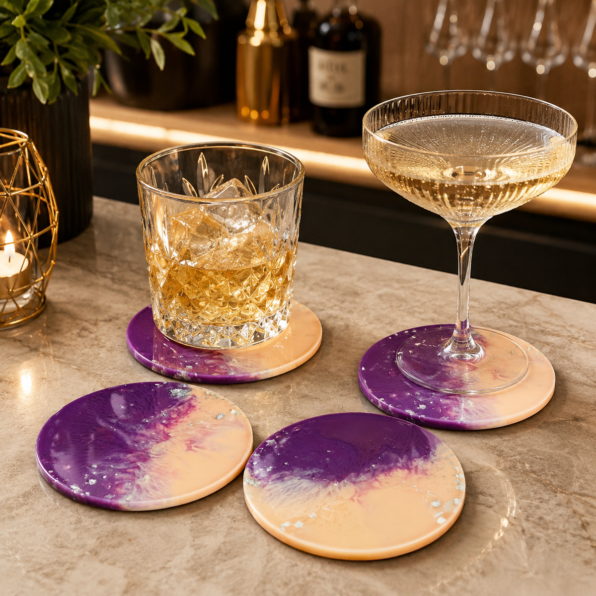 Purple Peach Silver Flake Resin Coasters – handmade product view 2