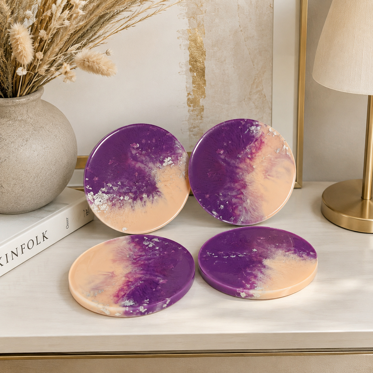 Purple Peach Silver Flake Resin Coasters – handmade product view 3