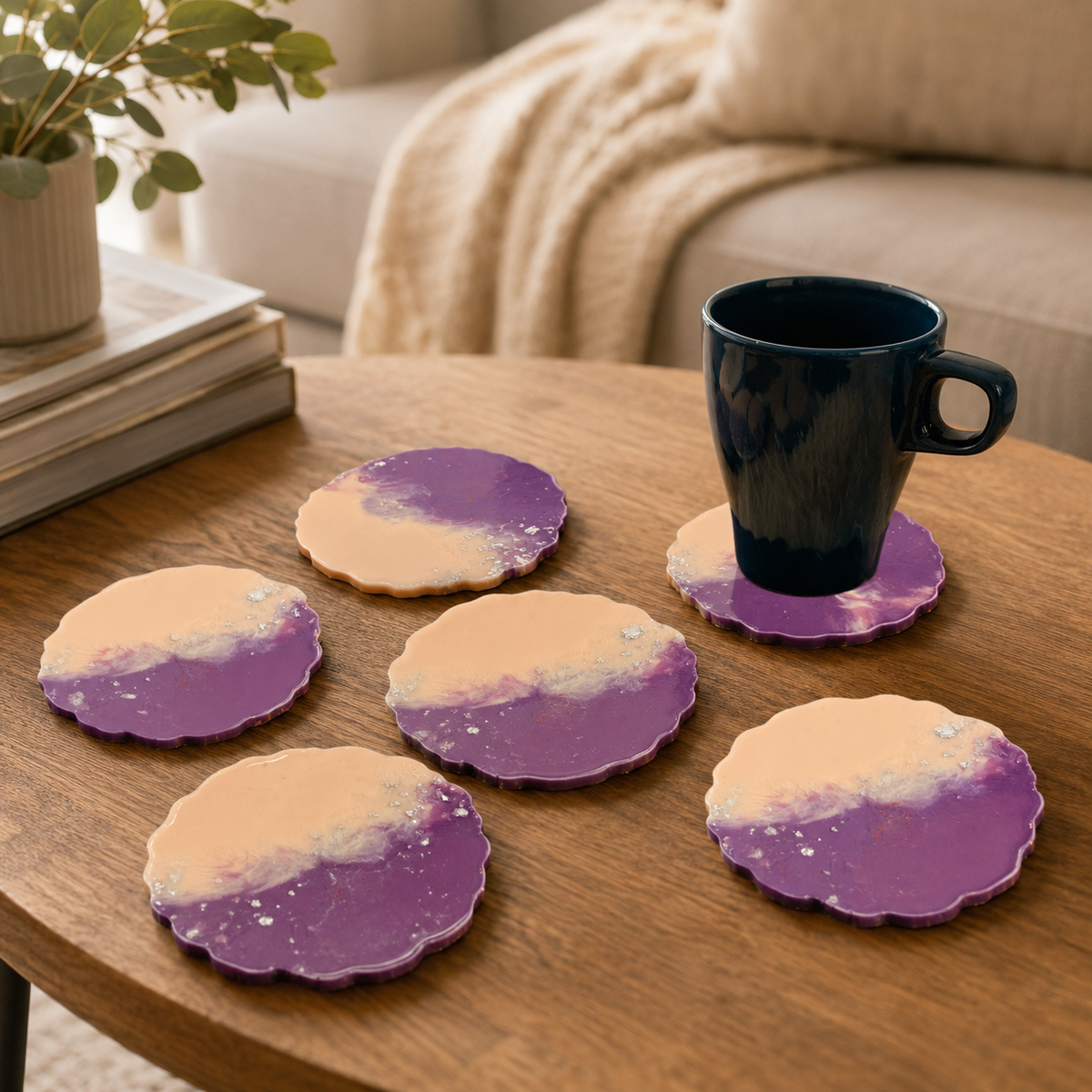 Purple Peach Silver Flake Resin Coasters – handmade product view 7