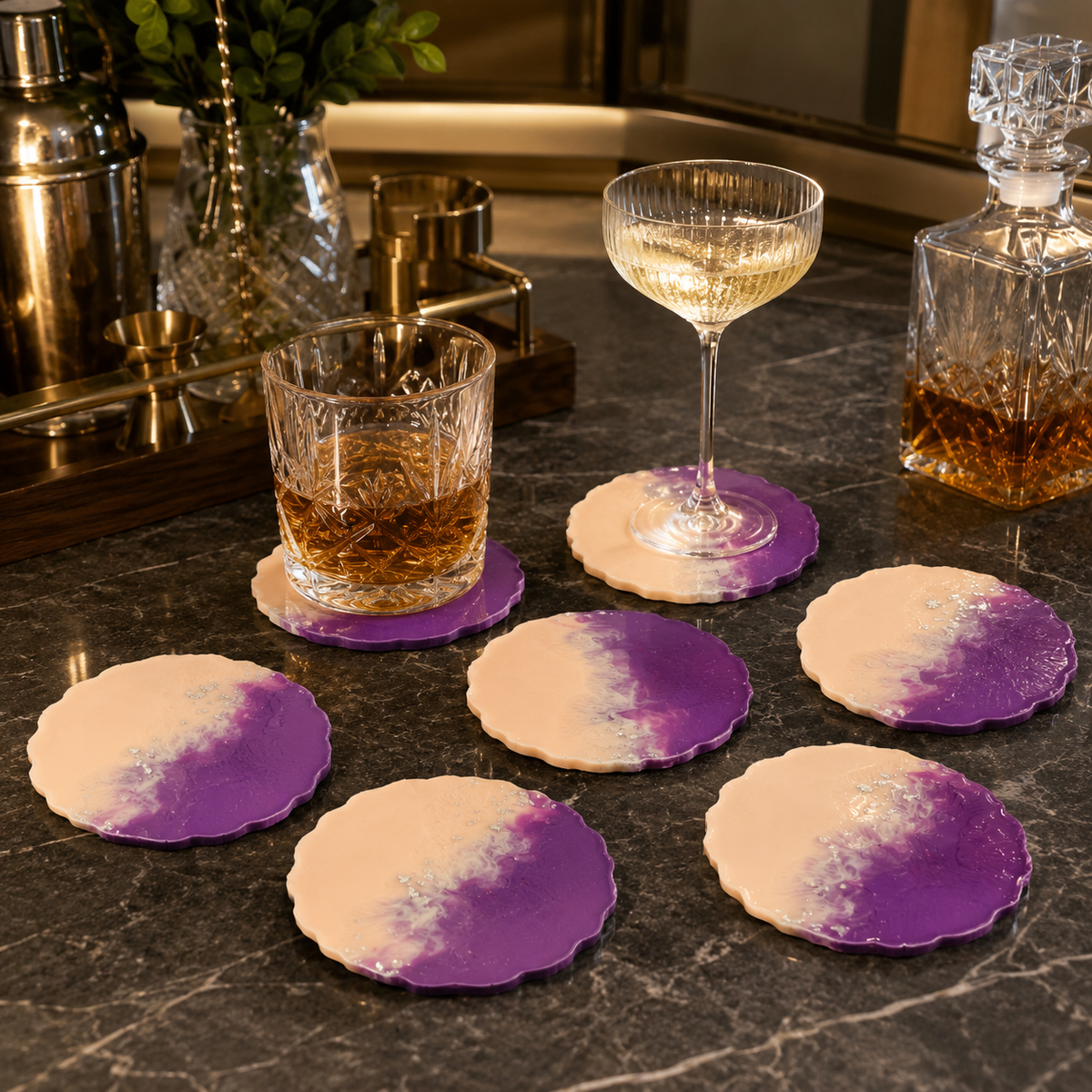 Purple Peach Silver Flake Resin Coasters – handmade product view 8