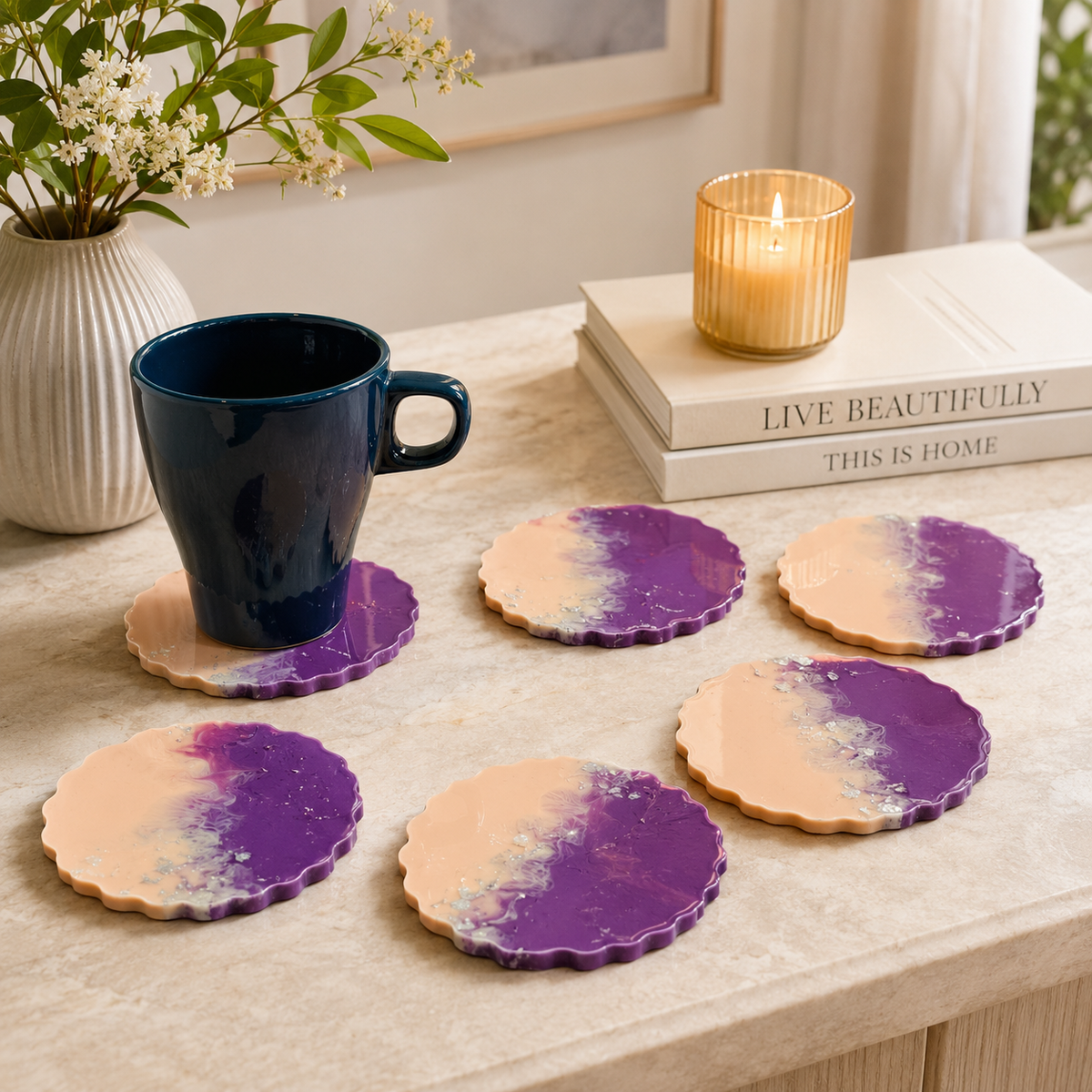 Purple Peach Silver Flake Resin Coasters – handmade product view 9